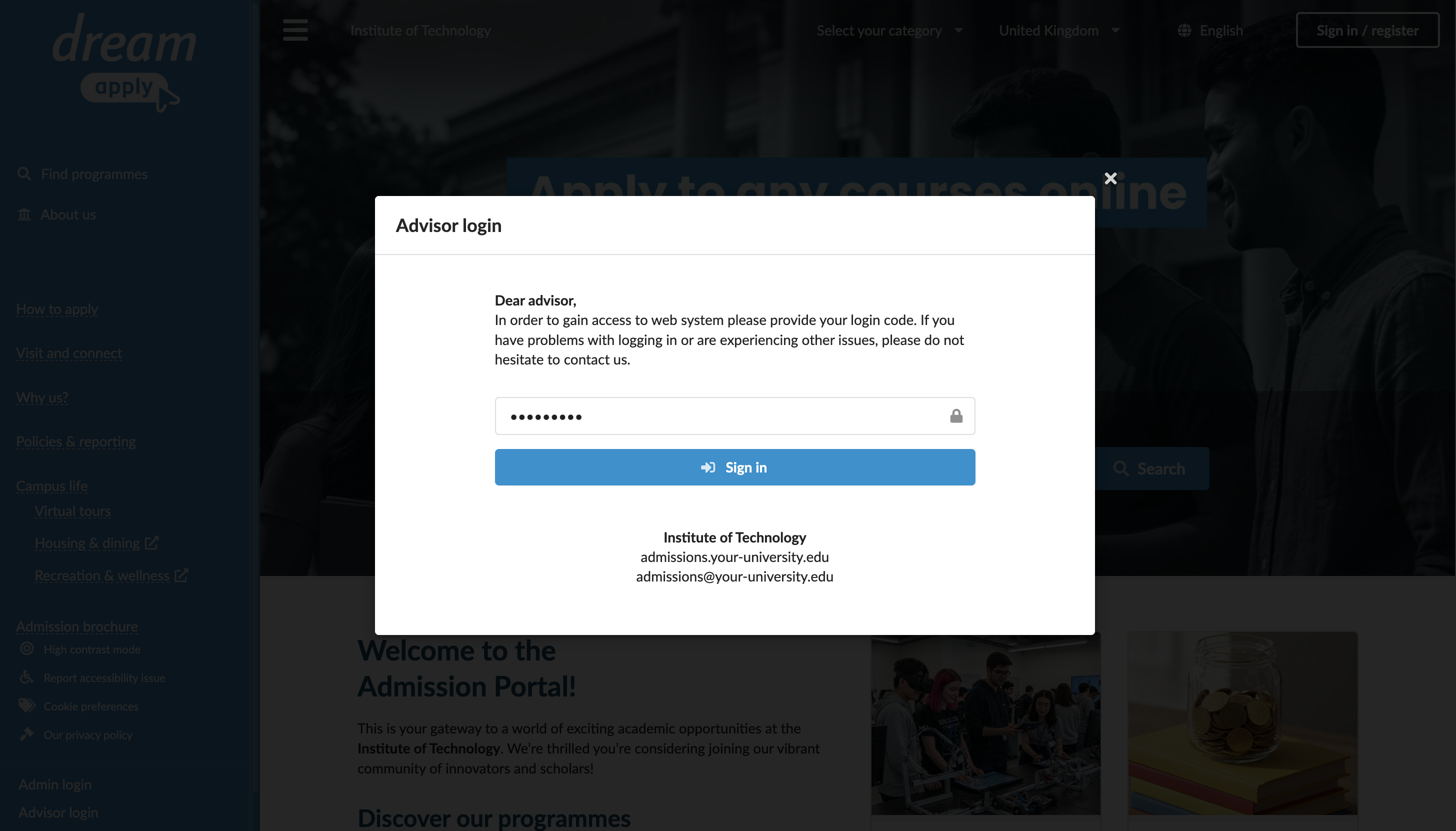 Entering the Advisor's code