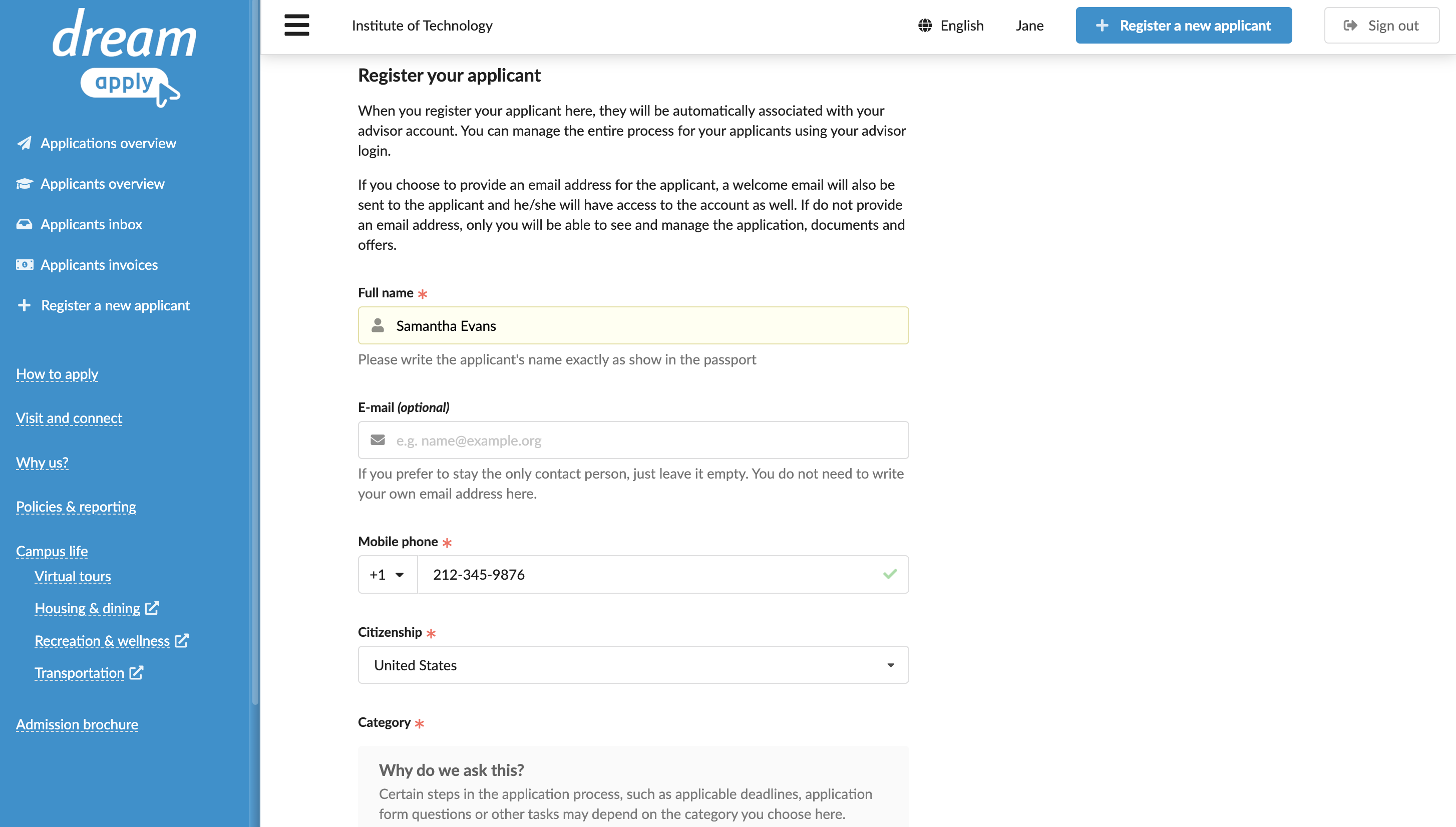 Filling in the registration form