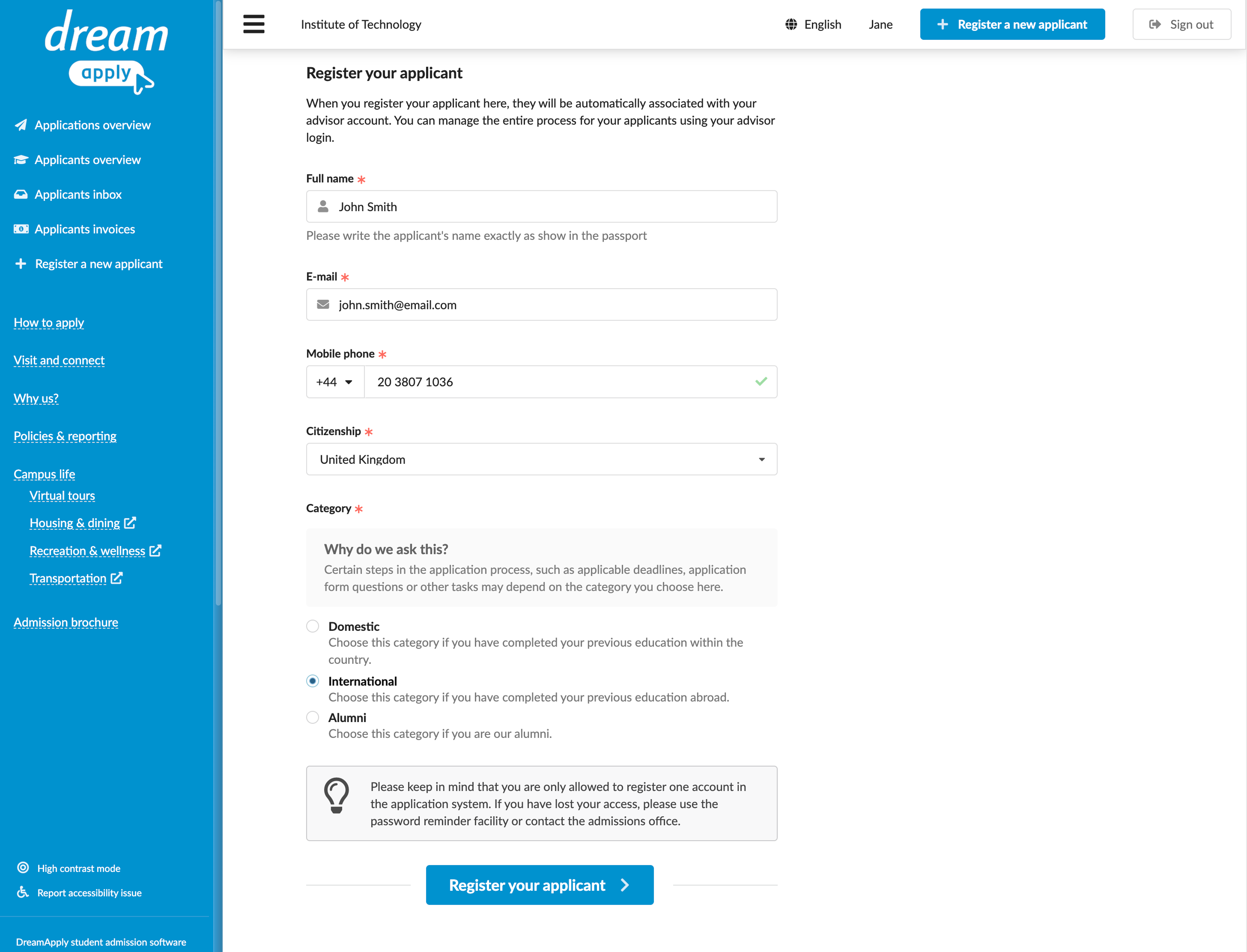 Filling in the registration form