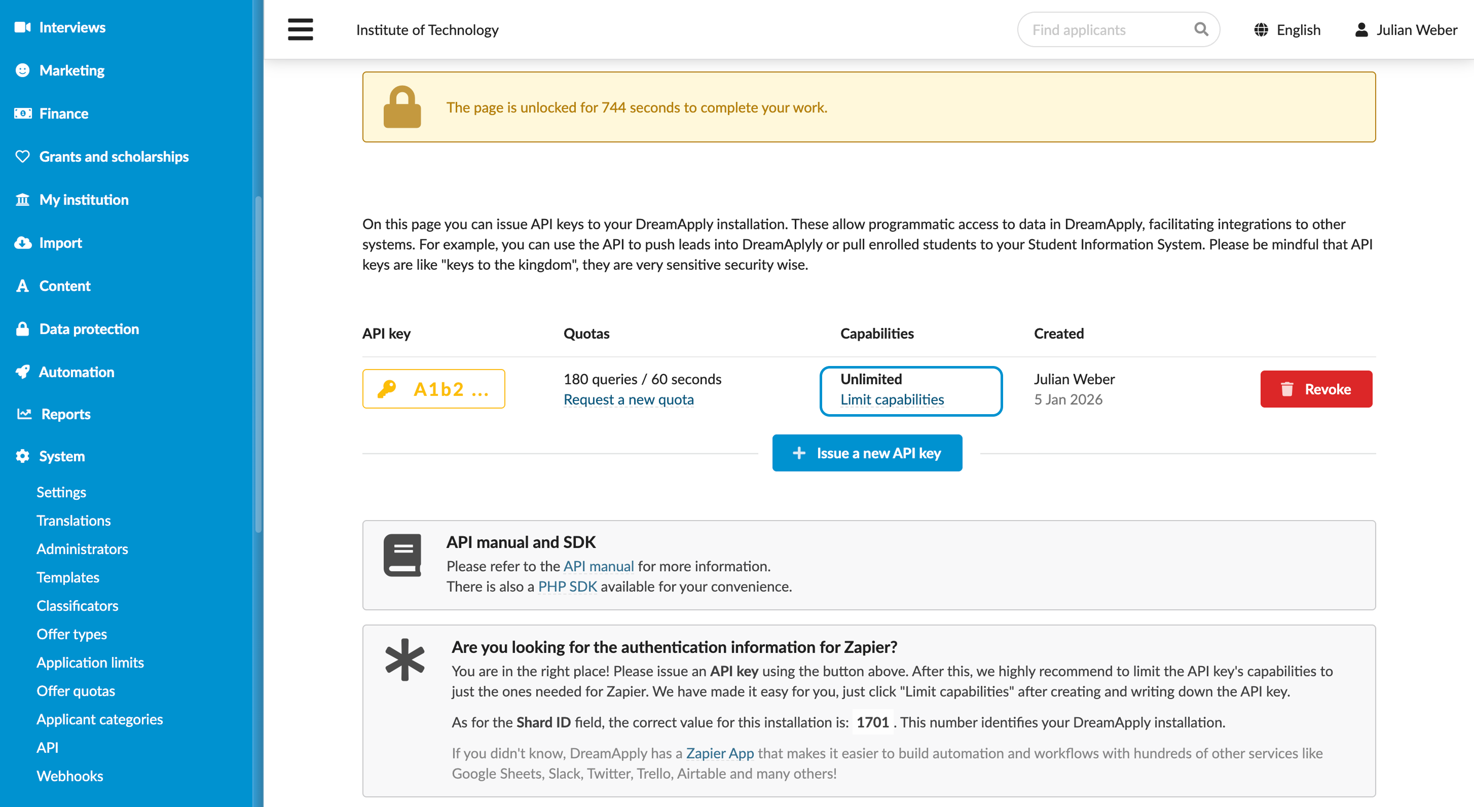 Limiting access for an API key