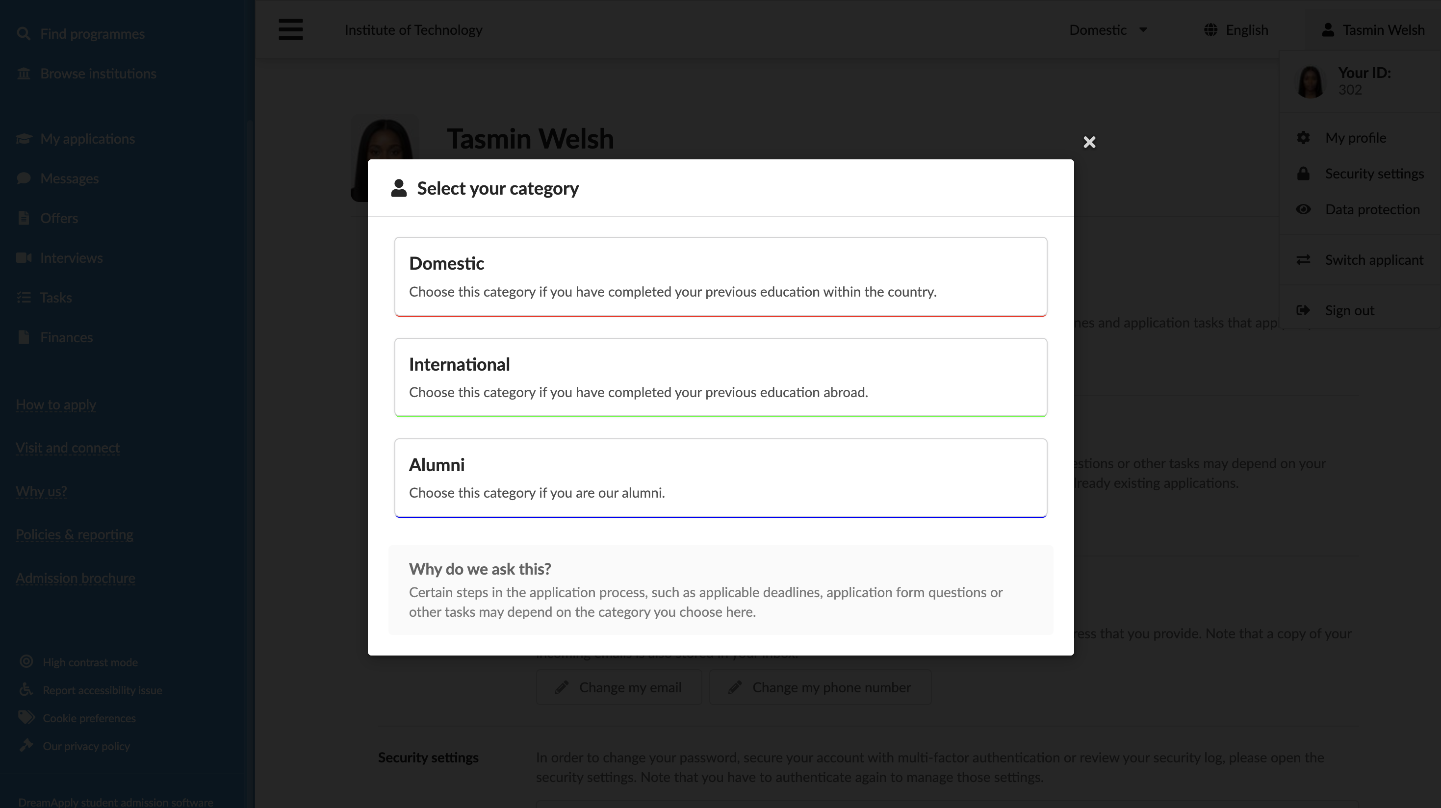 Changing an applicant's category