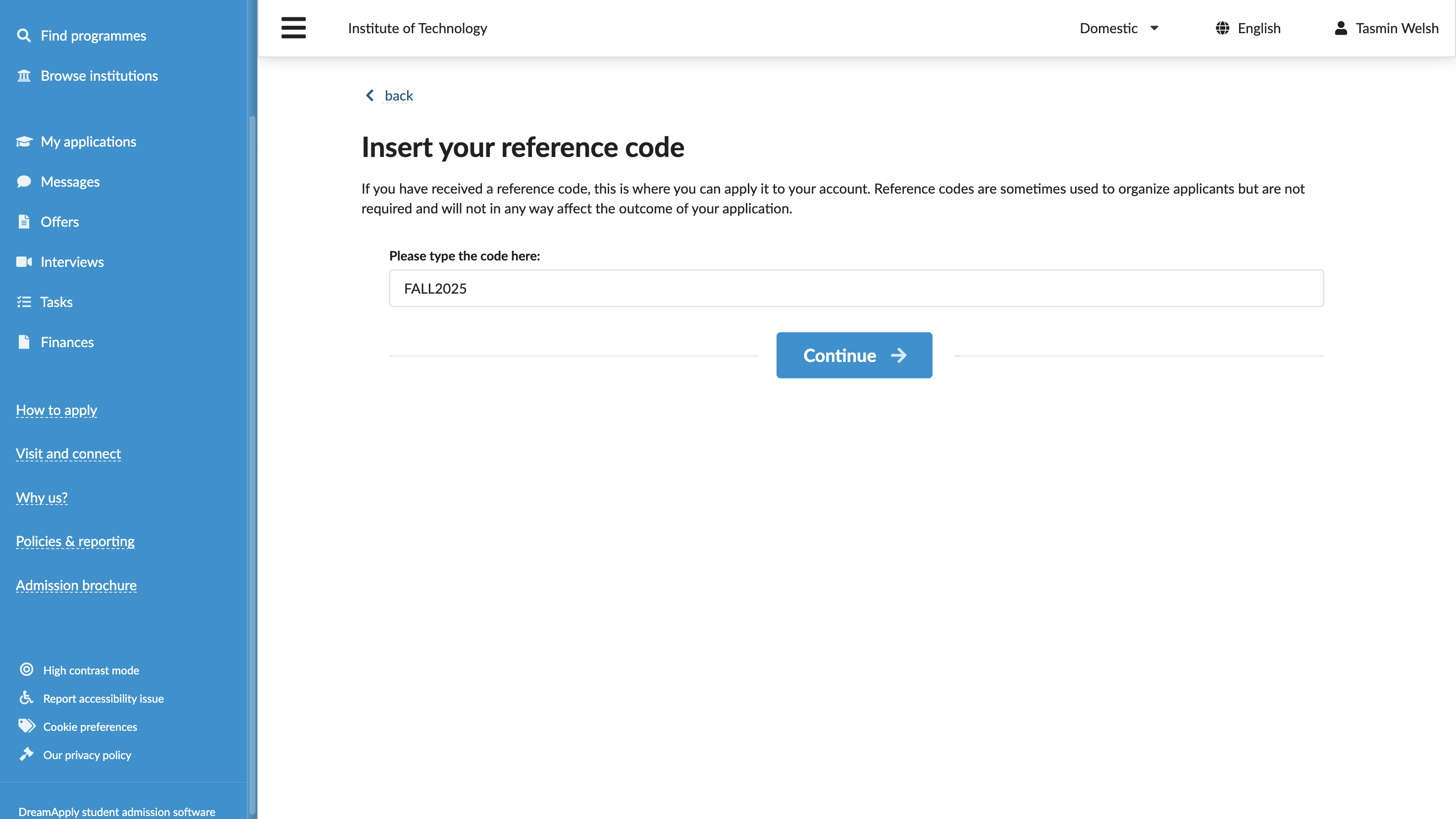 Entering a reference code
