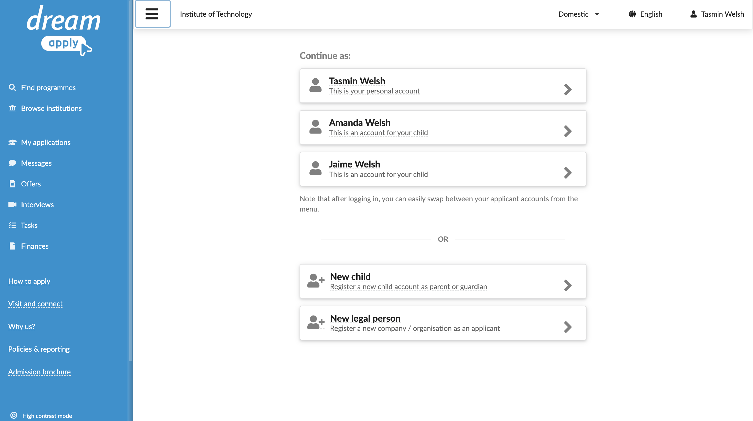 Registering on behalf of a child or organization