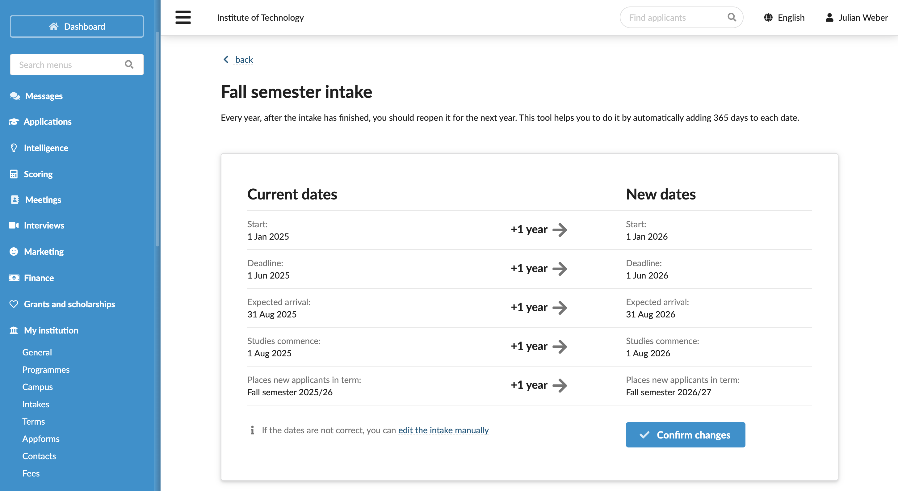 Updating intake deadlines