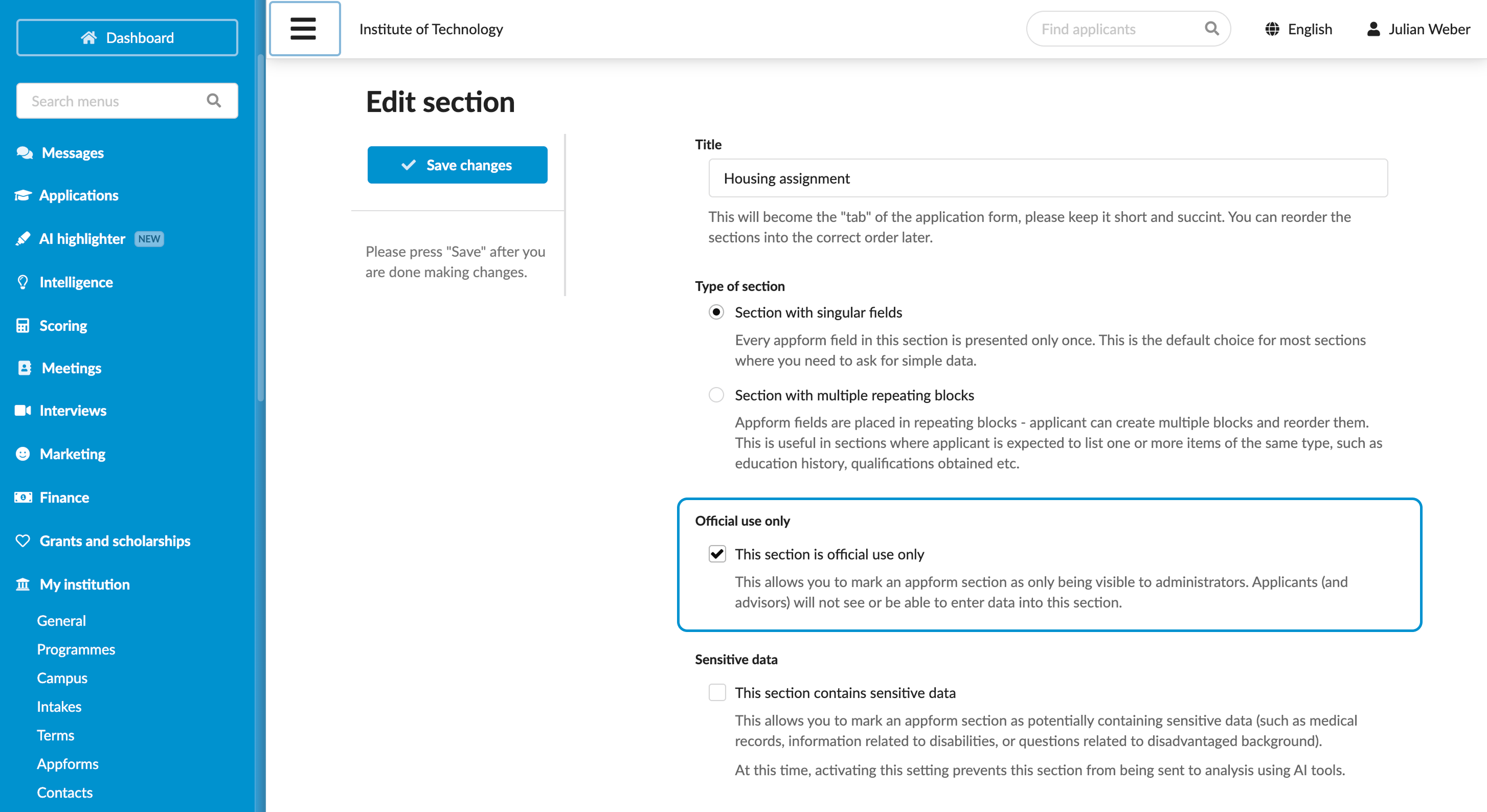 Adding an official use section