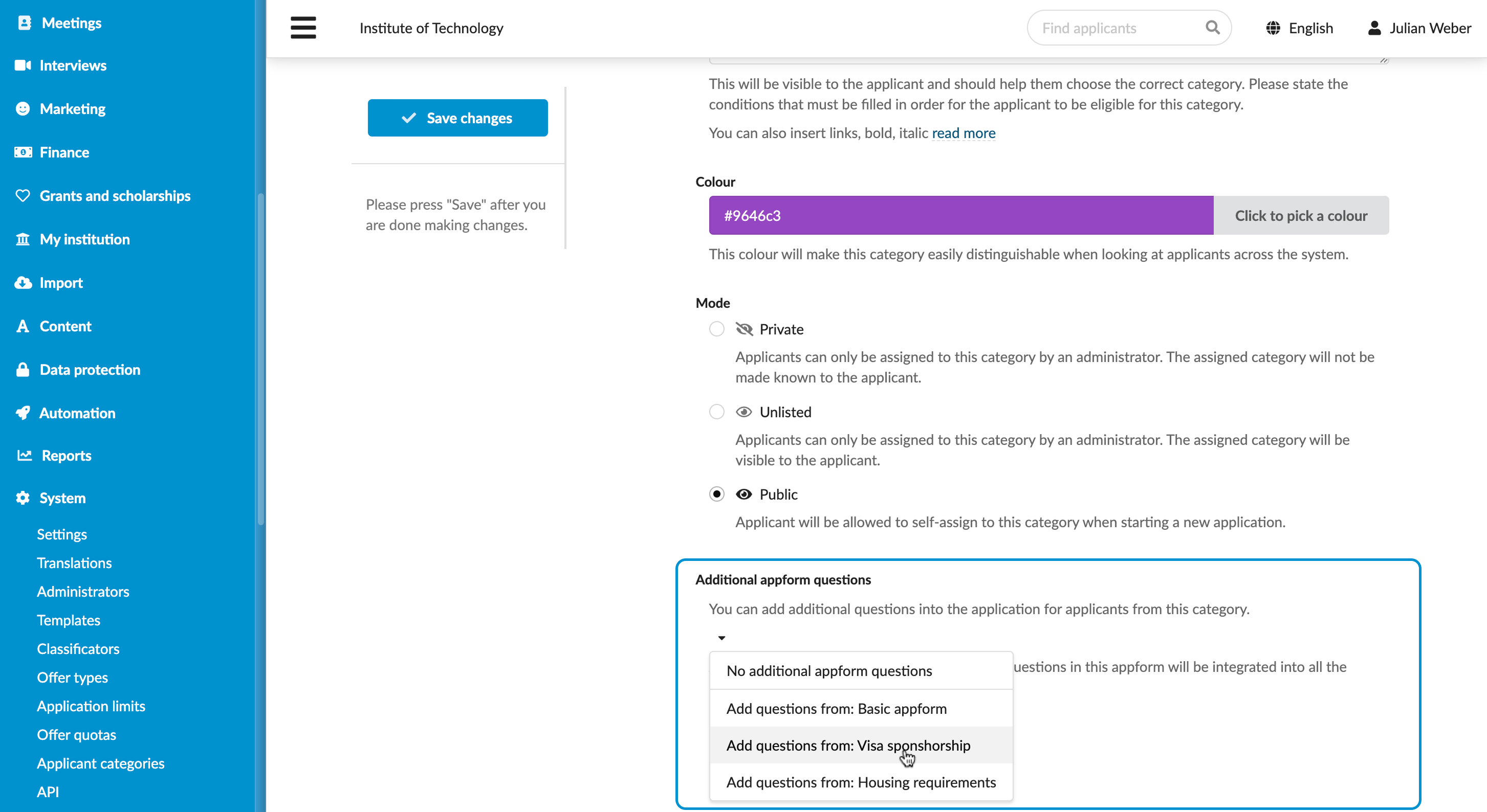 Attaching appforms to applicant categories