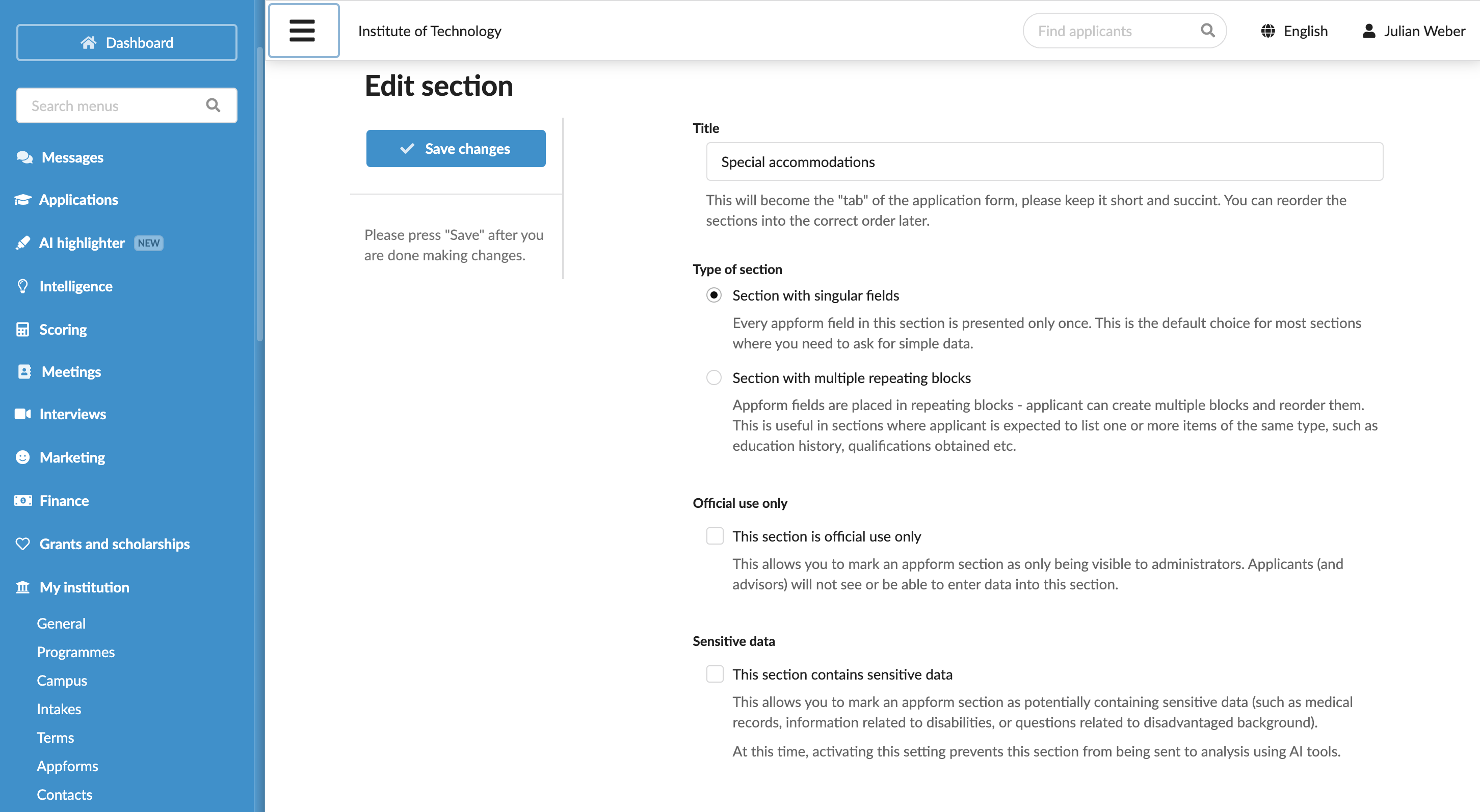 Creating custom sections