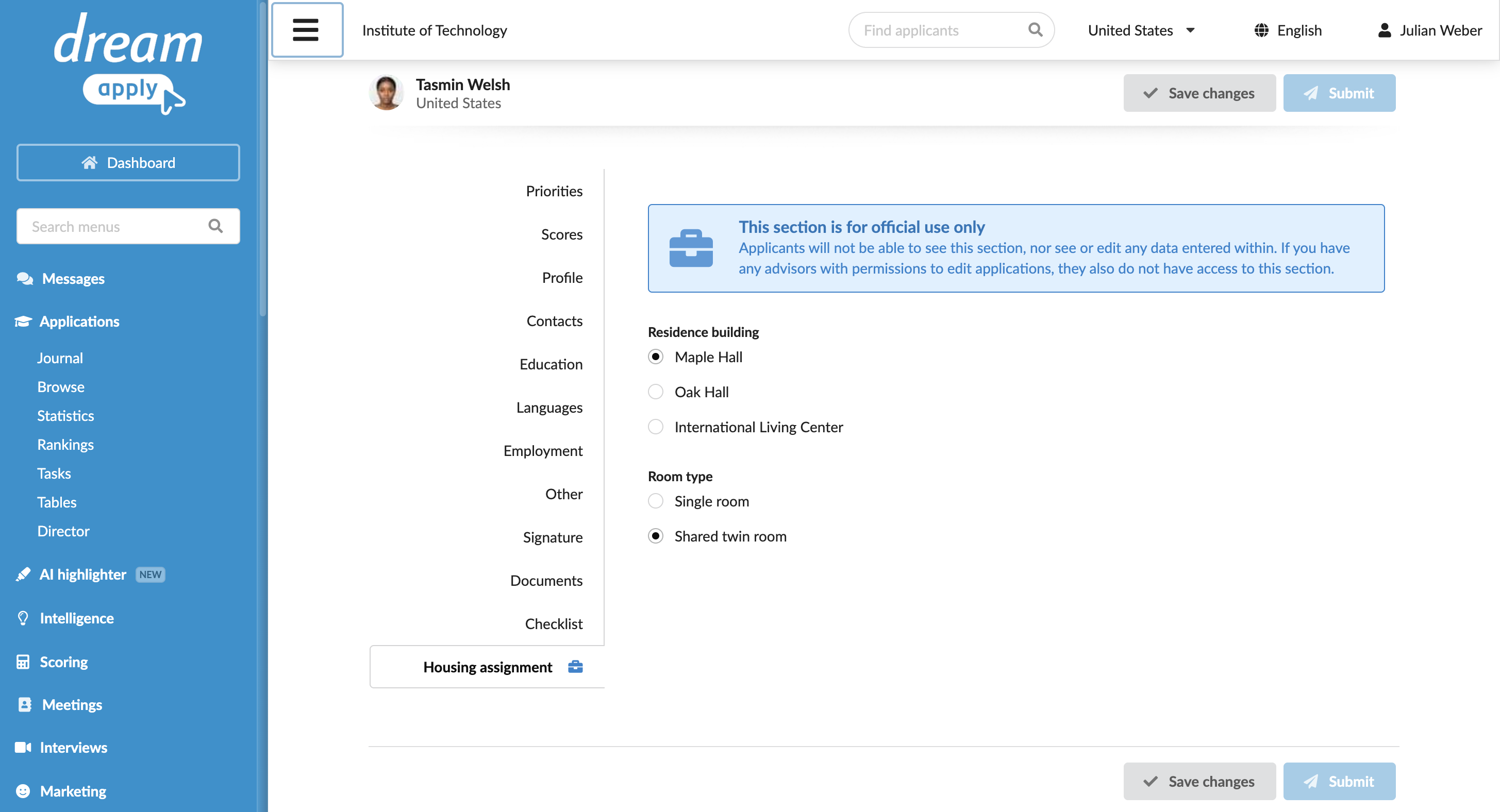Populating official use sections
