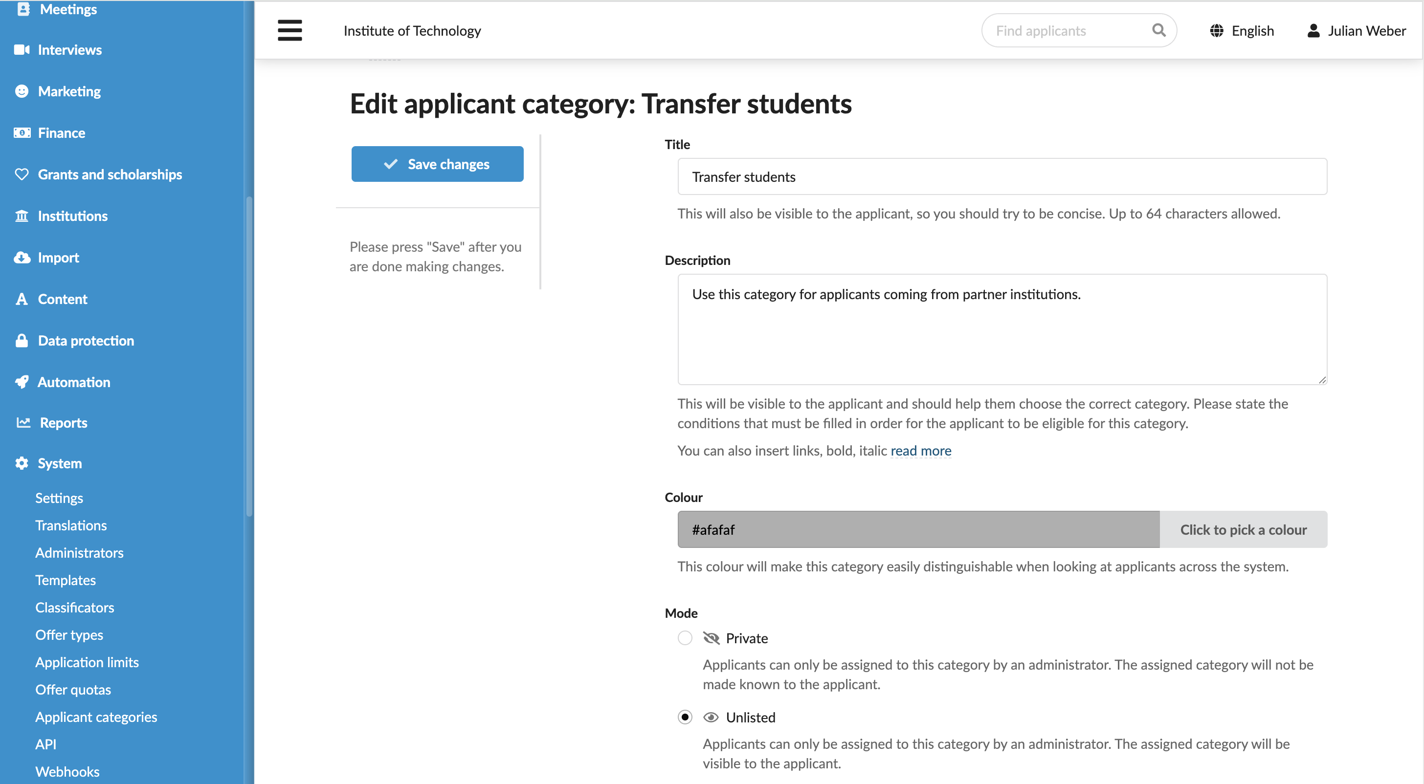 Adding applicant categories