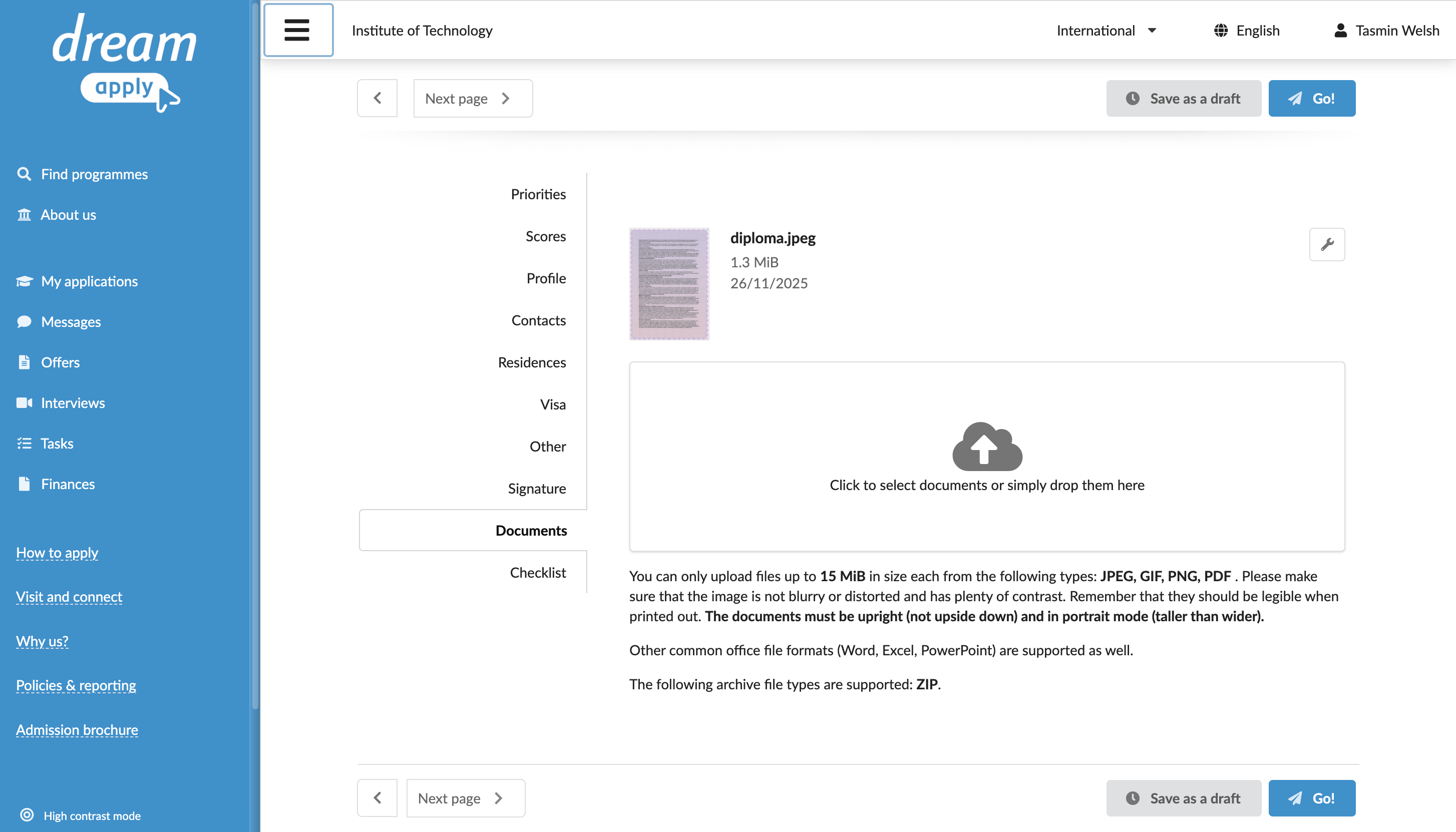 Collecting documents through the application edit page