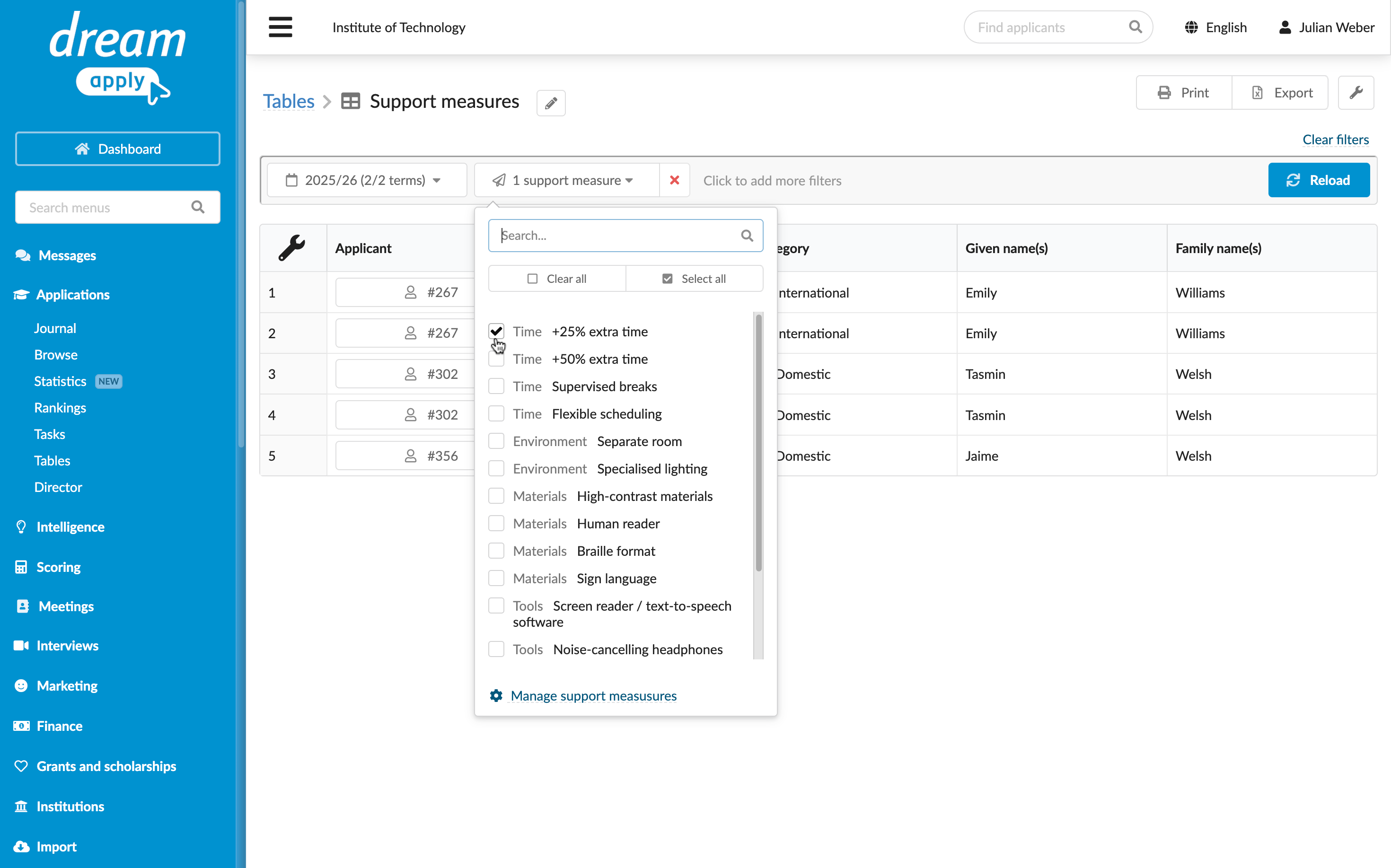 Filtering applicants by support measures in tables