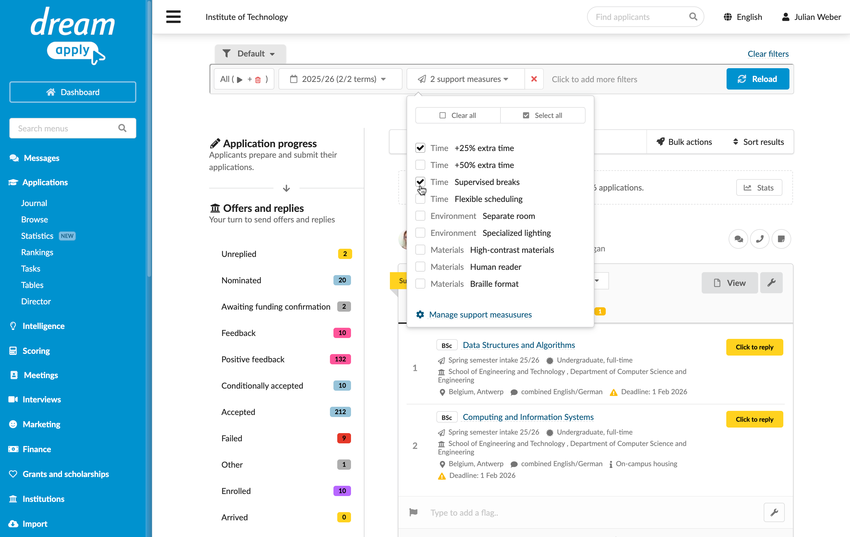 Filtering applicants by support measures