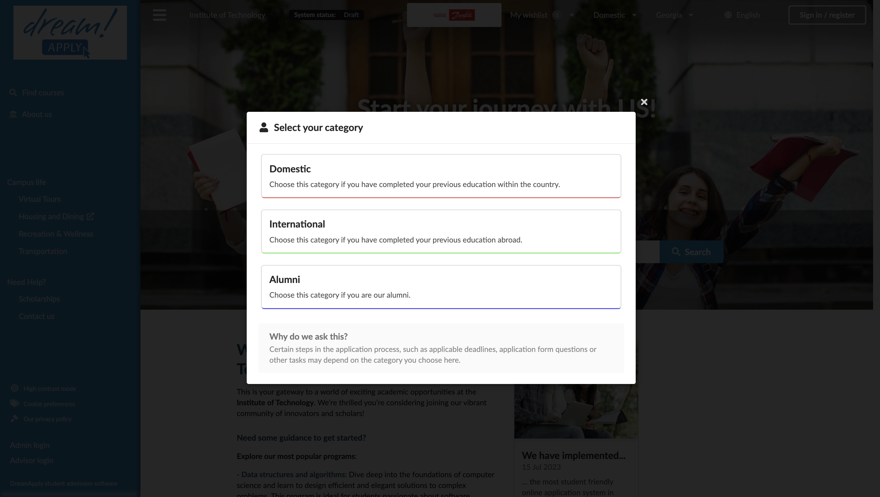 Selecting categories (applicants)