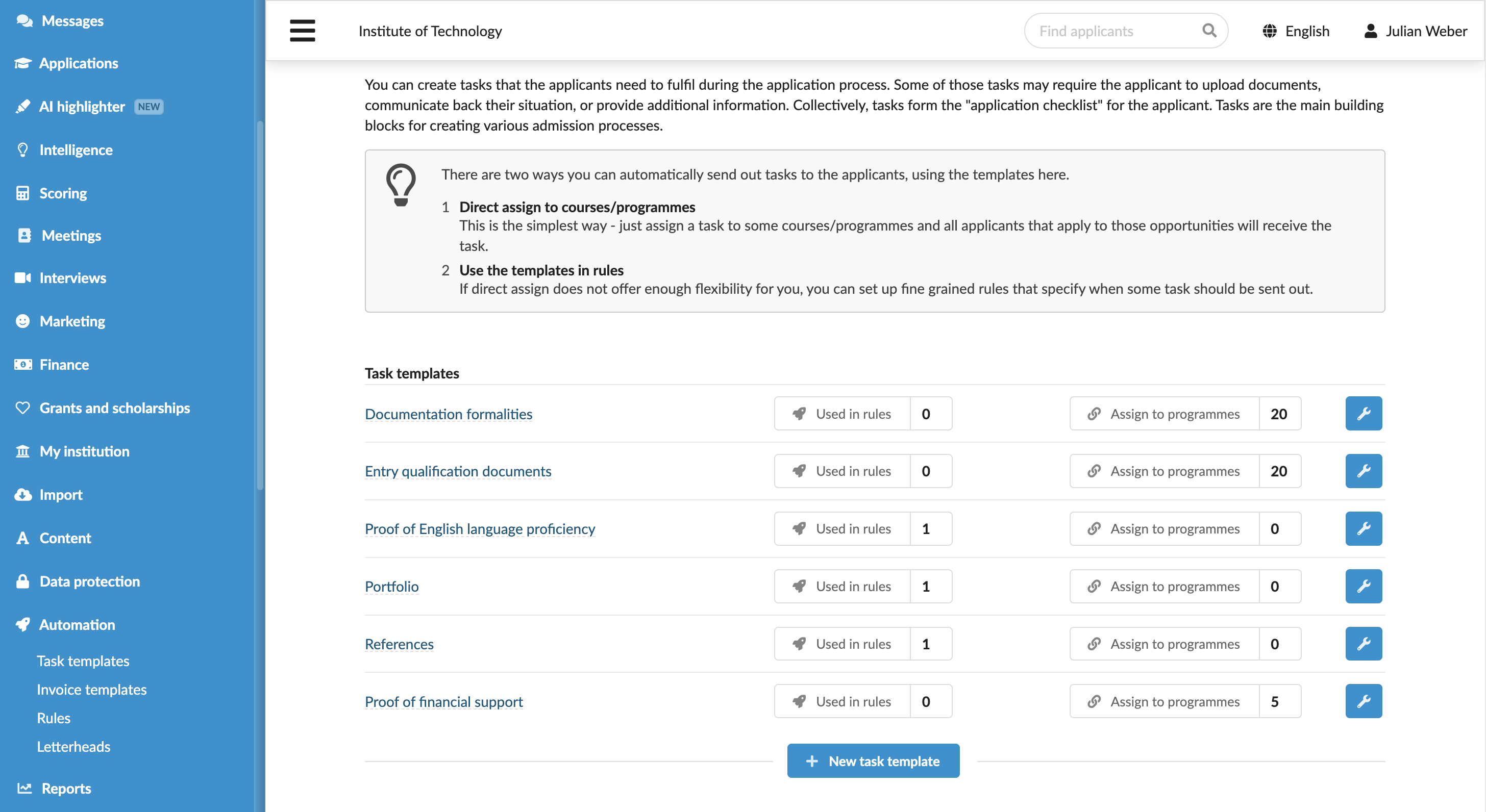 Assigning tasks through programmes