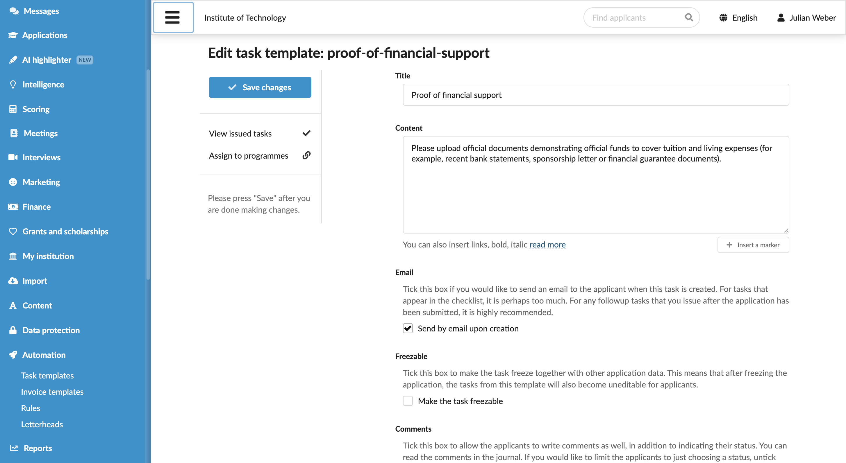 Configuring task templates