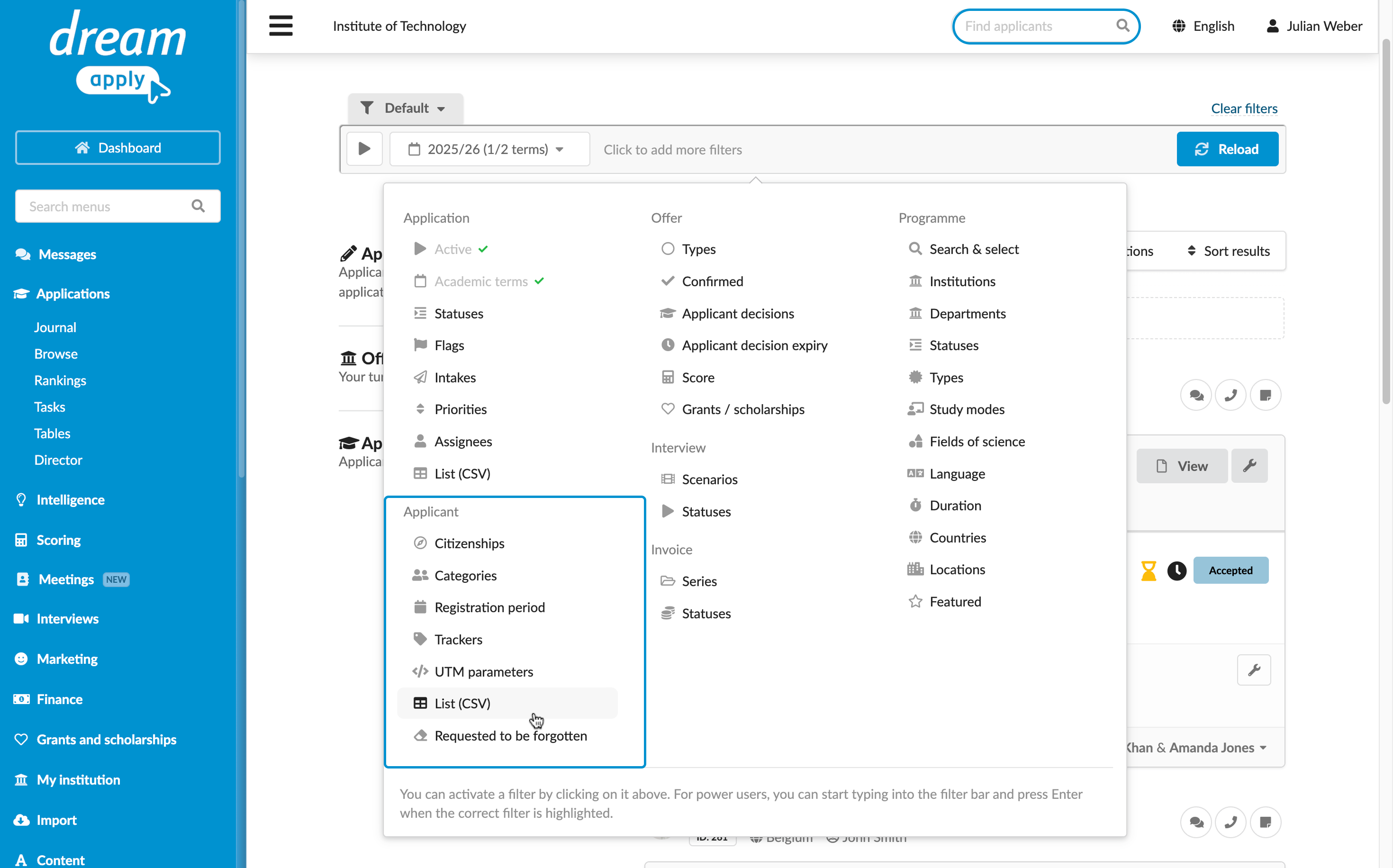 Applicant filters