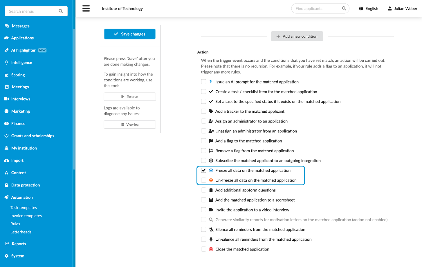 Freezing applications using rules