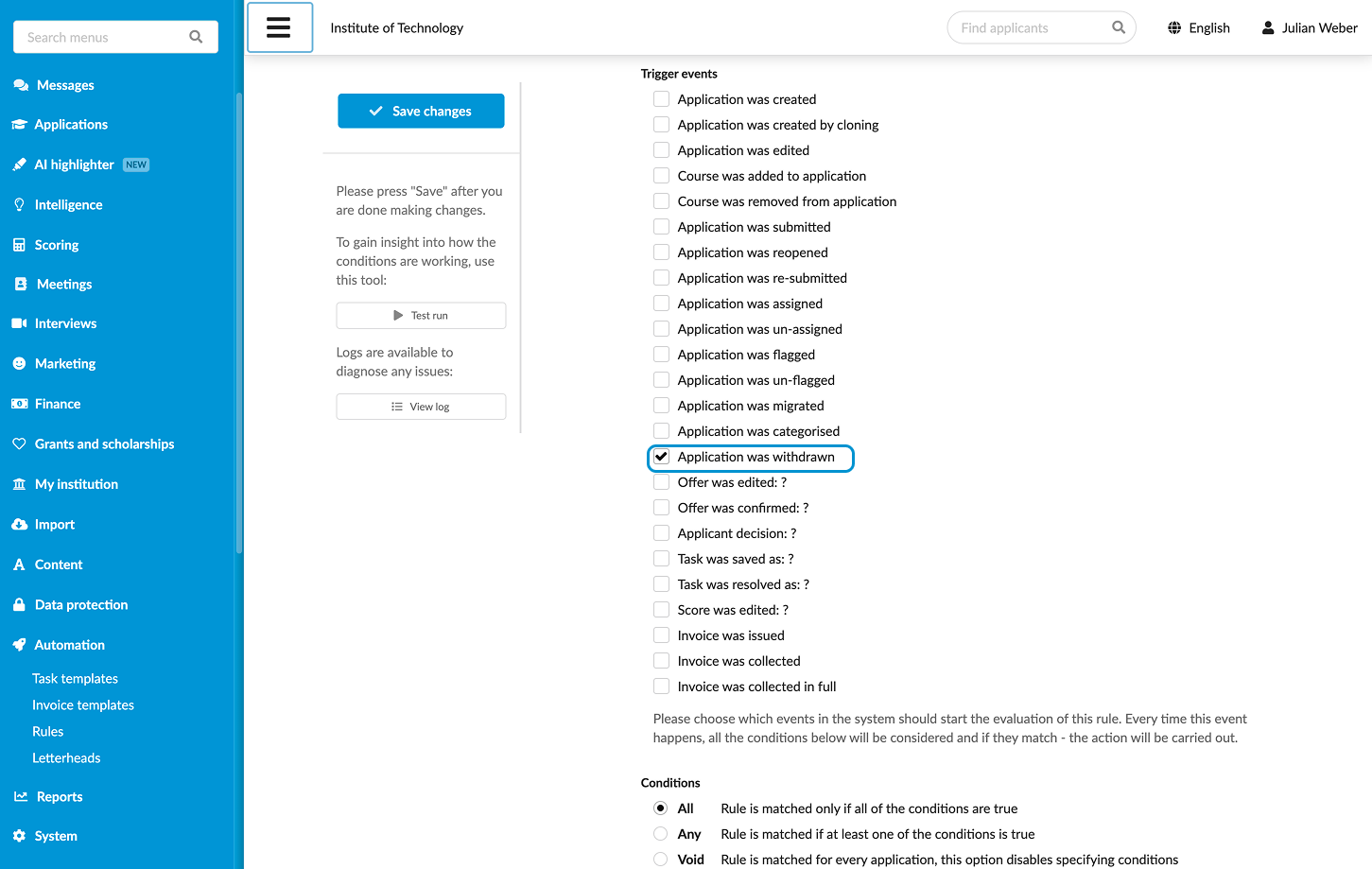 Setting up rules for application withdrawal