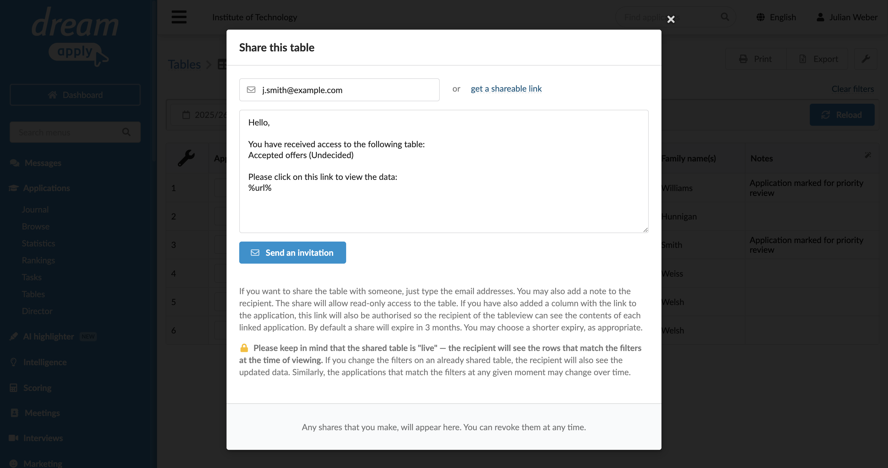Sharing a table using share links
