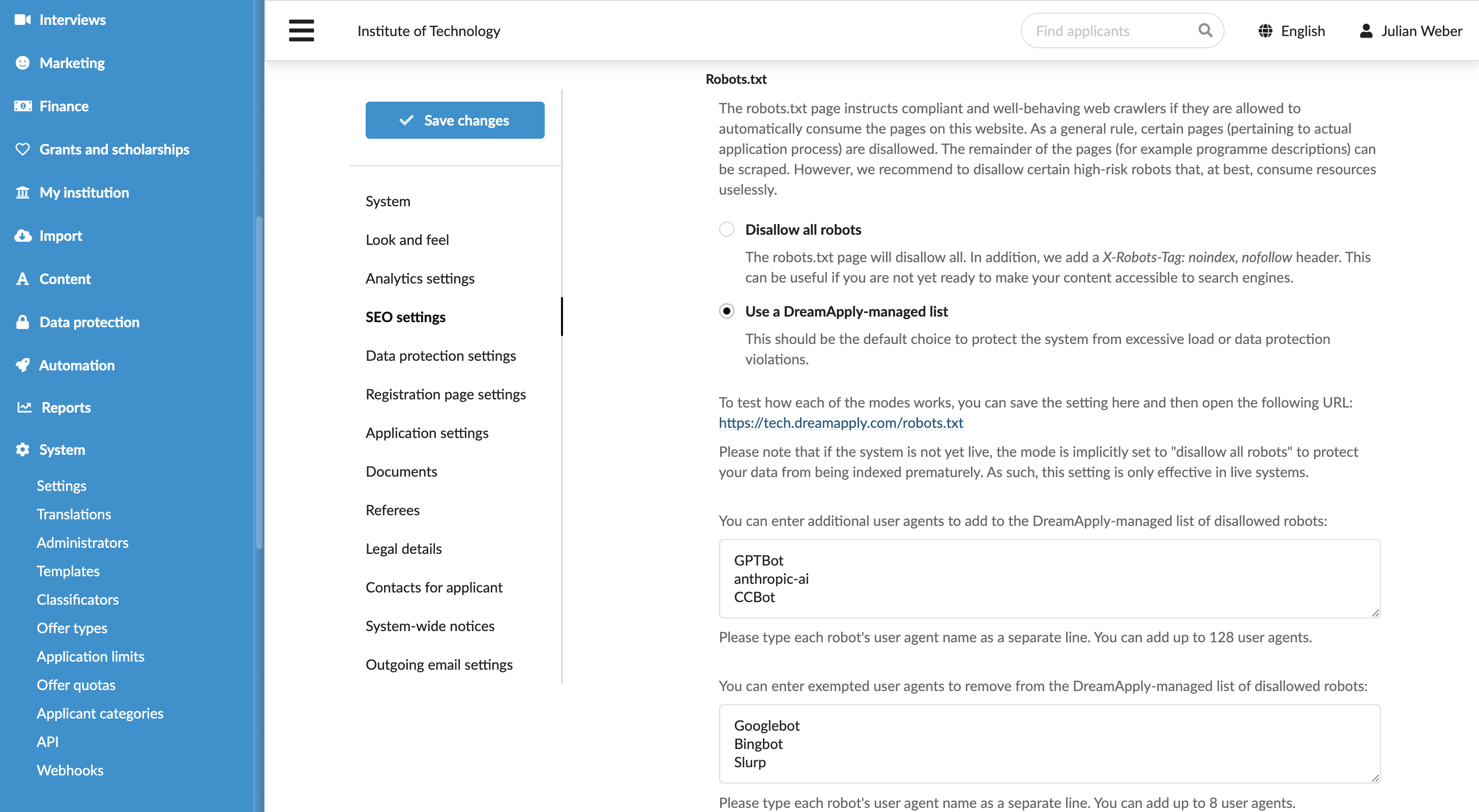 Defining robots settings