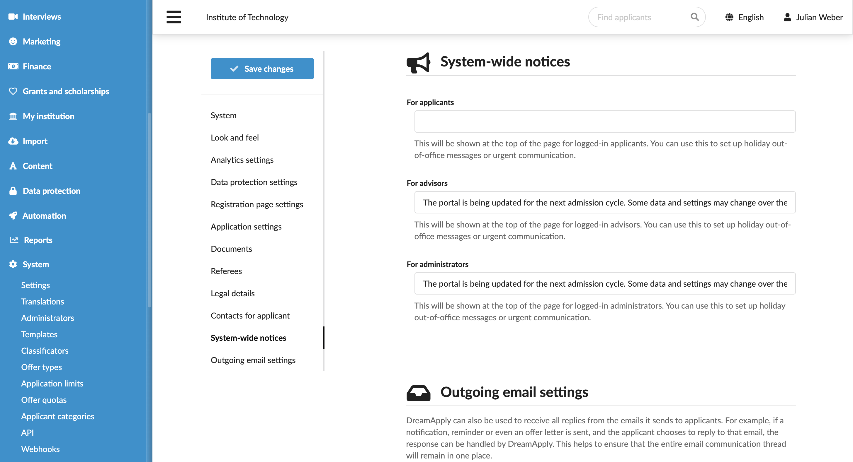 Setting system notices