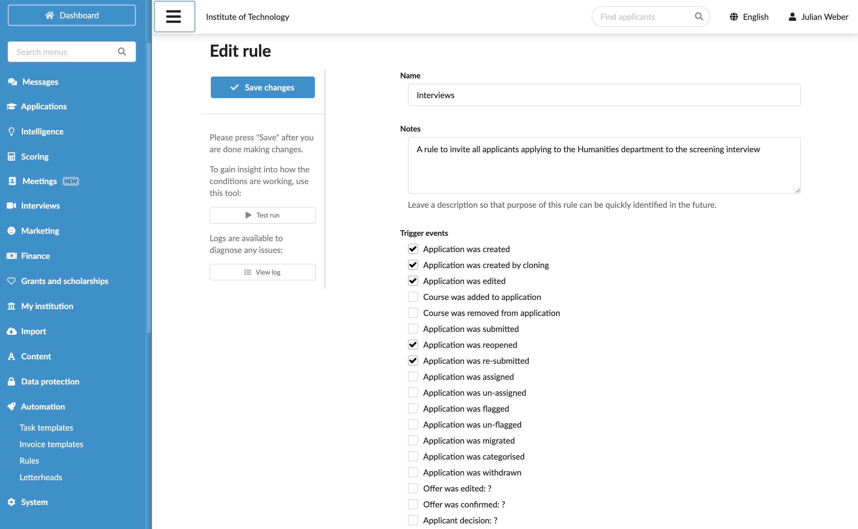 Inviting to an interview with rules
