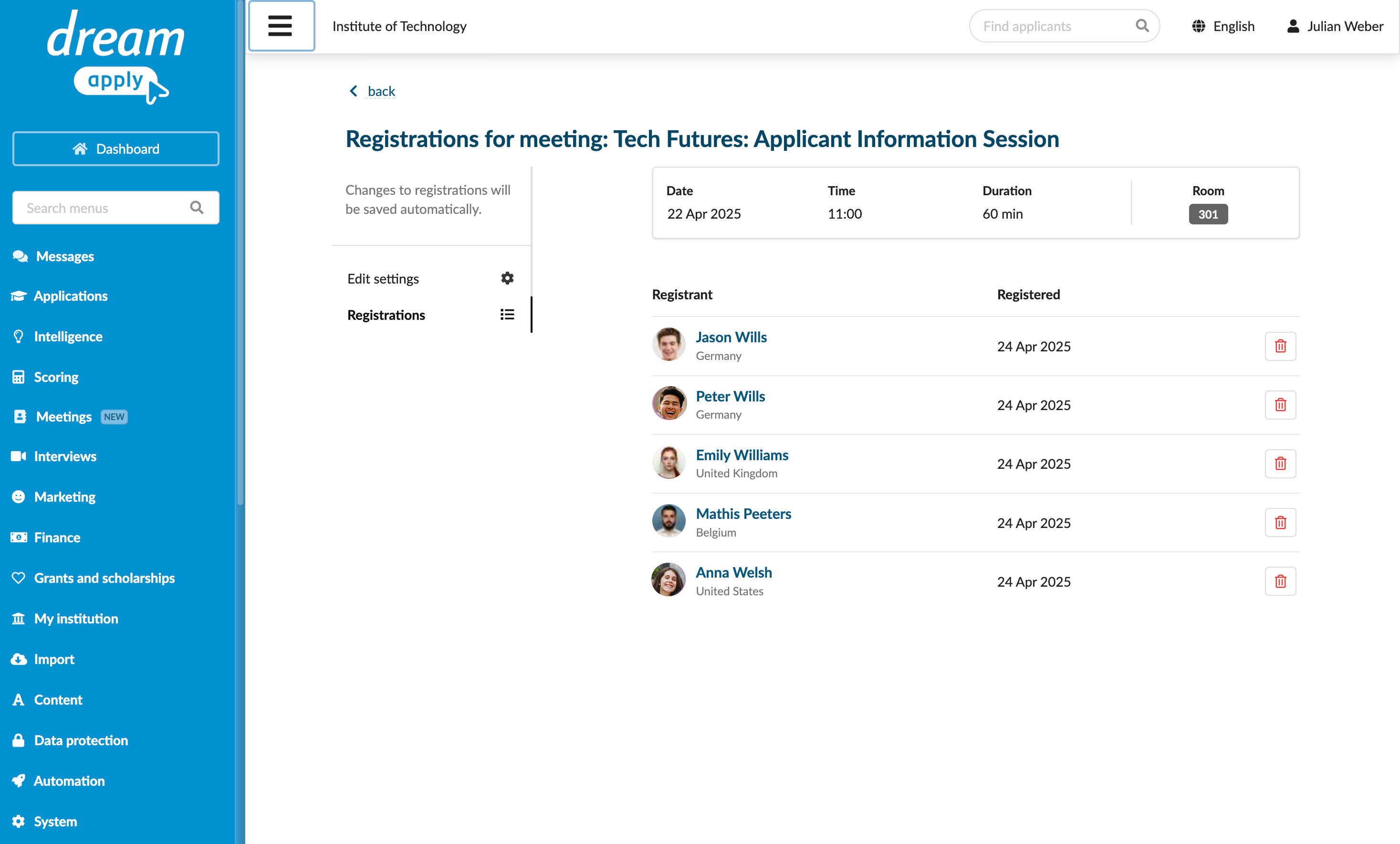 Editing registrations