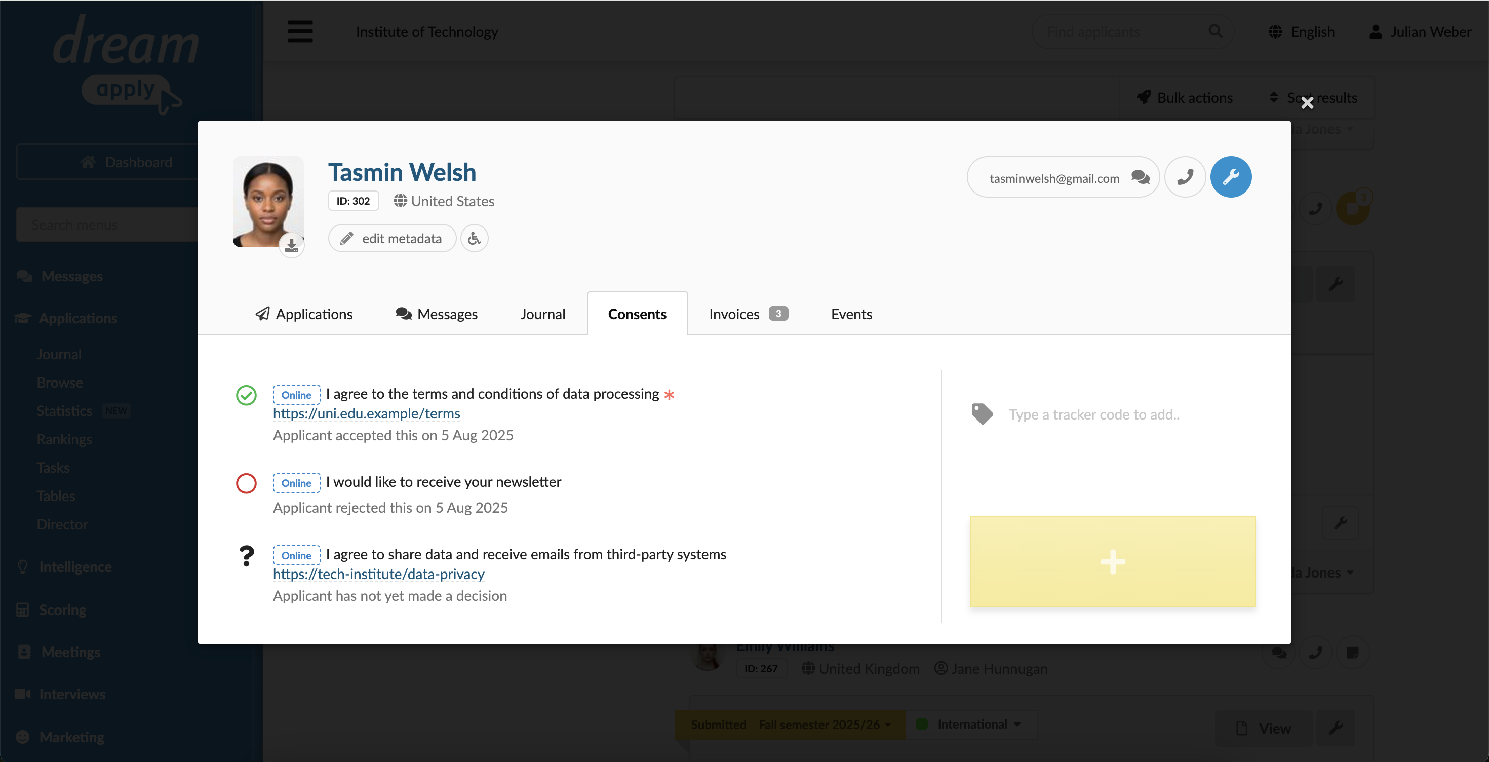 Consents on the applicant card