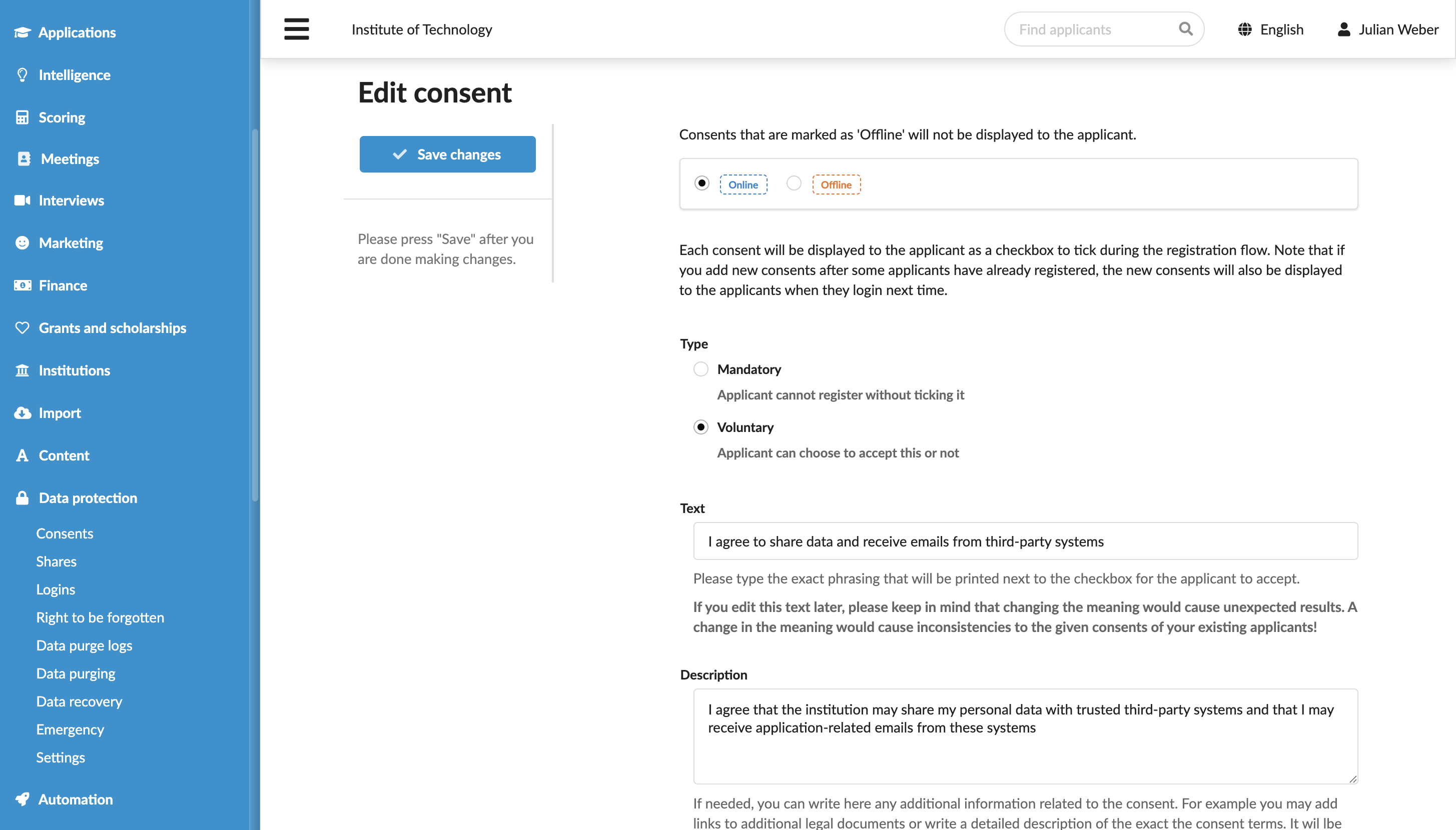 Defining an applicant consent
