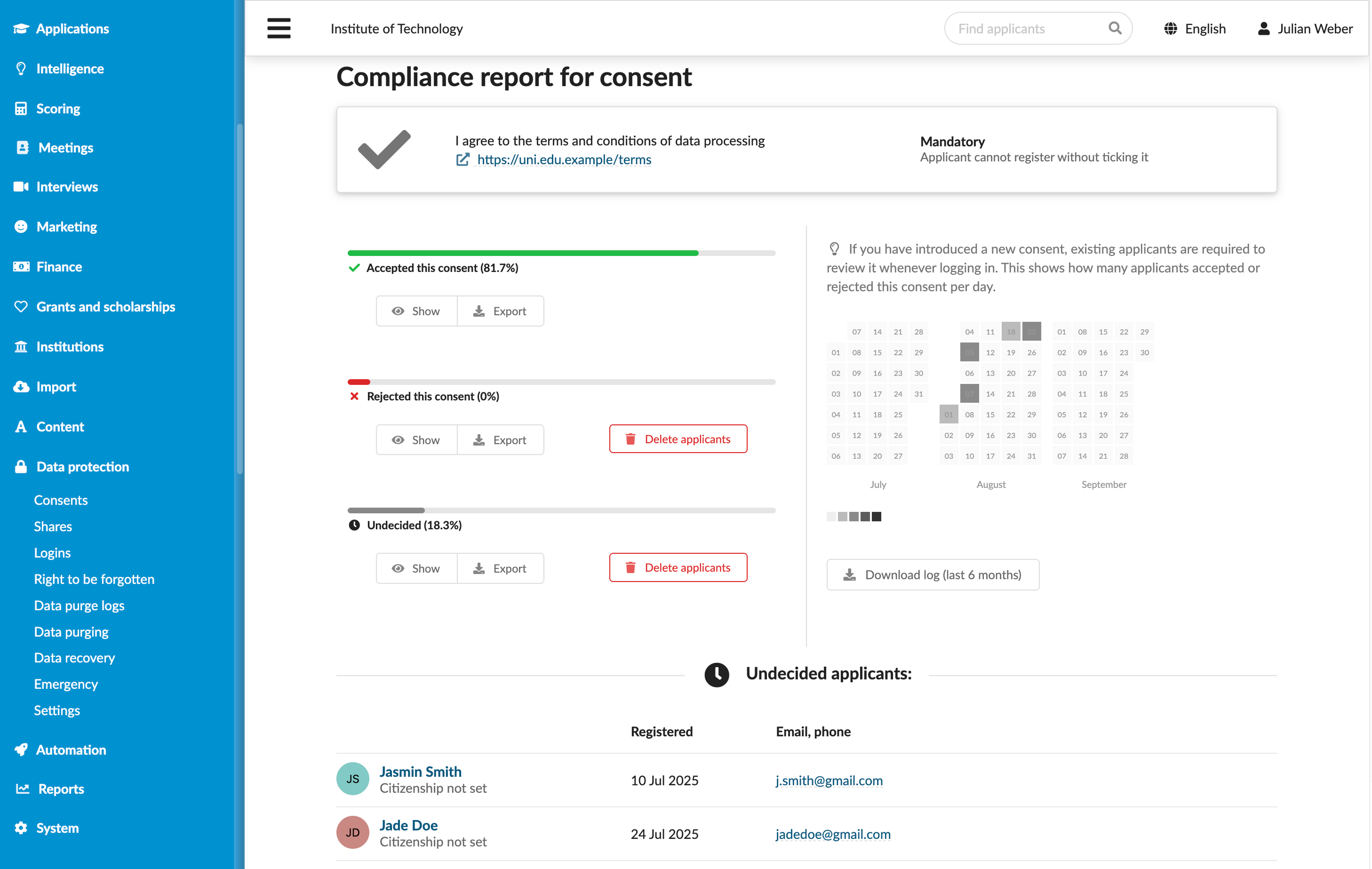 Managing applicant accounts
