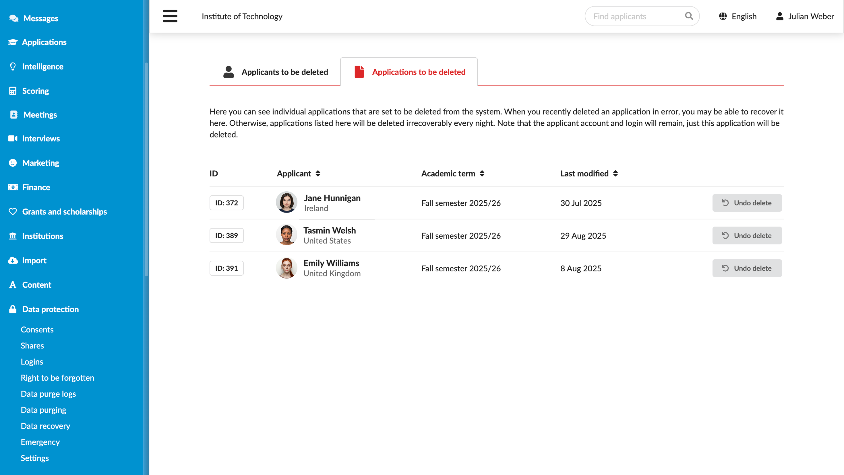 Recovering applicant and application data