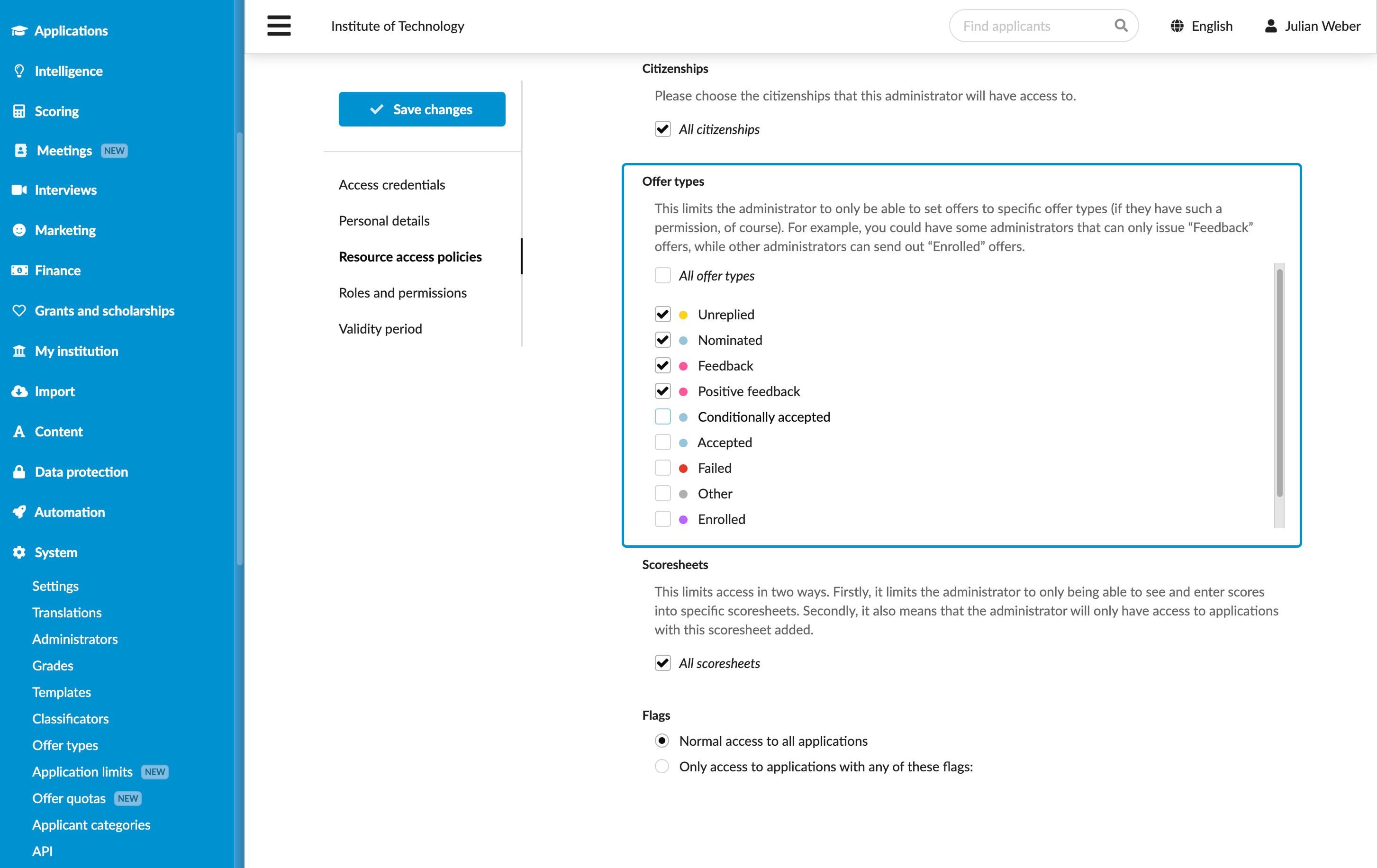Granting access to offer types