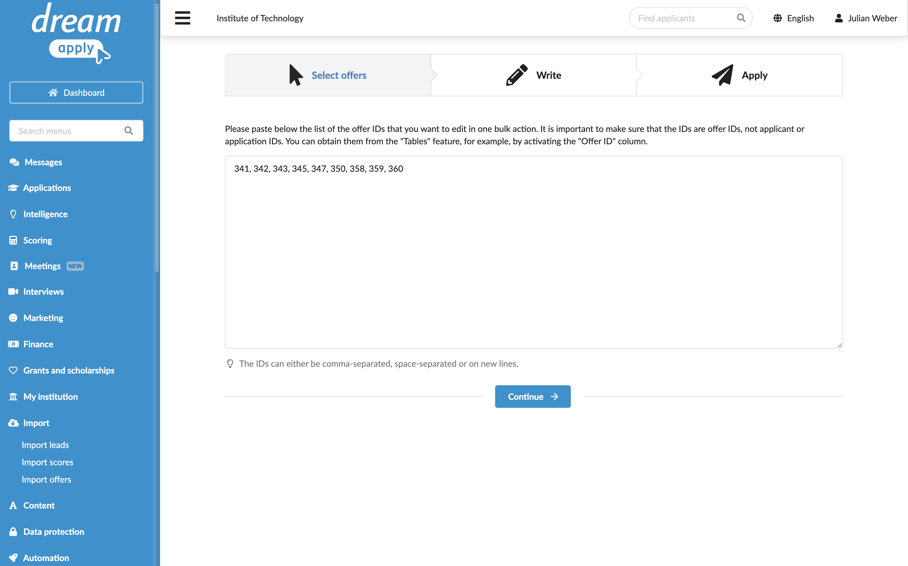 Importing offers