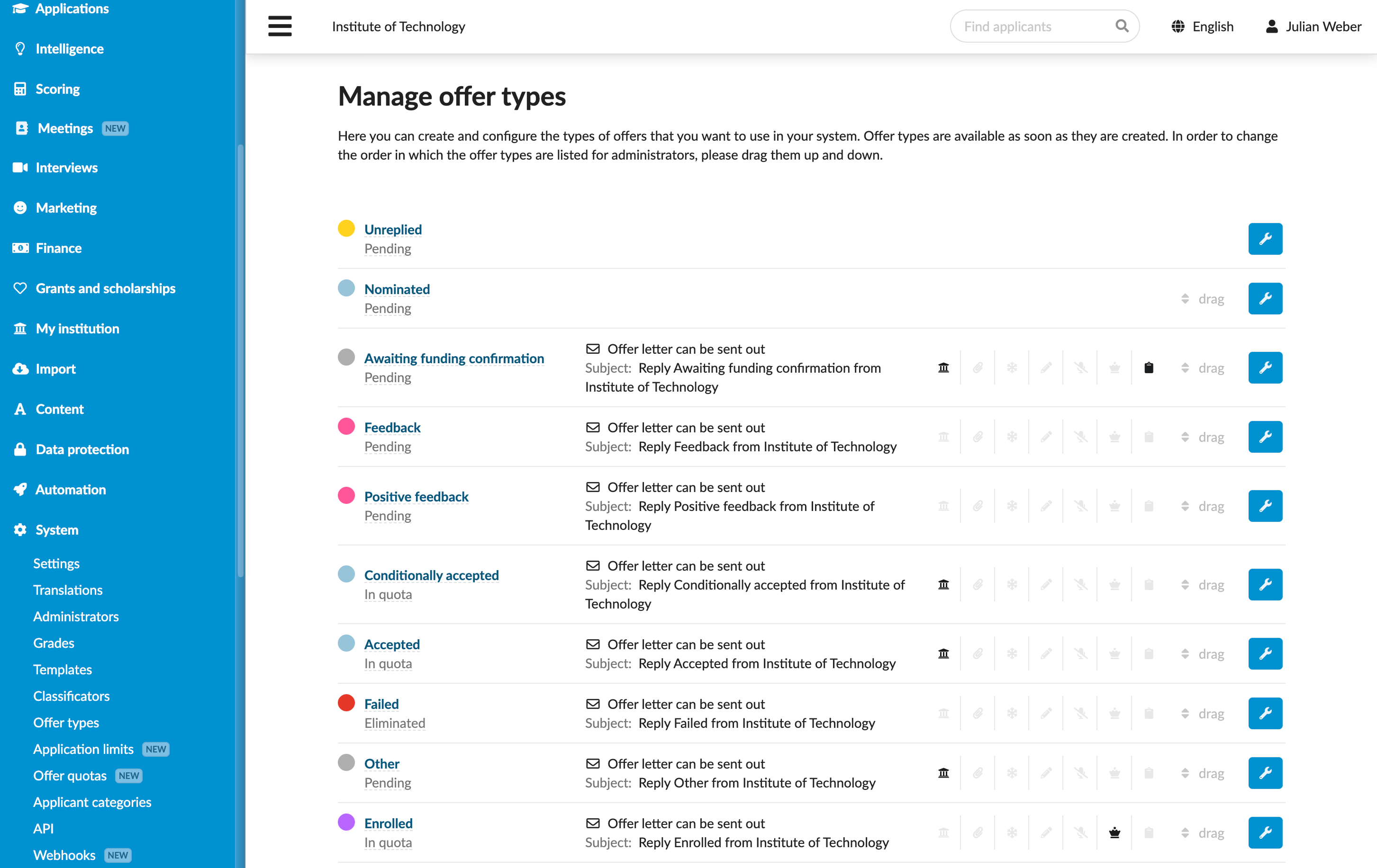 Setting up offer types