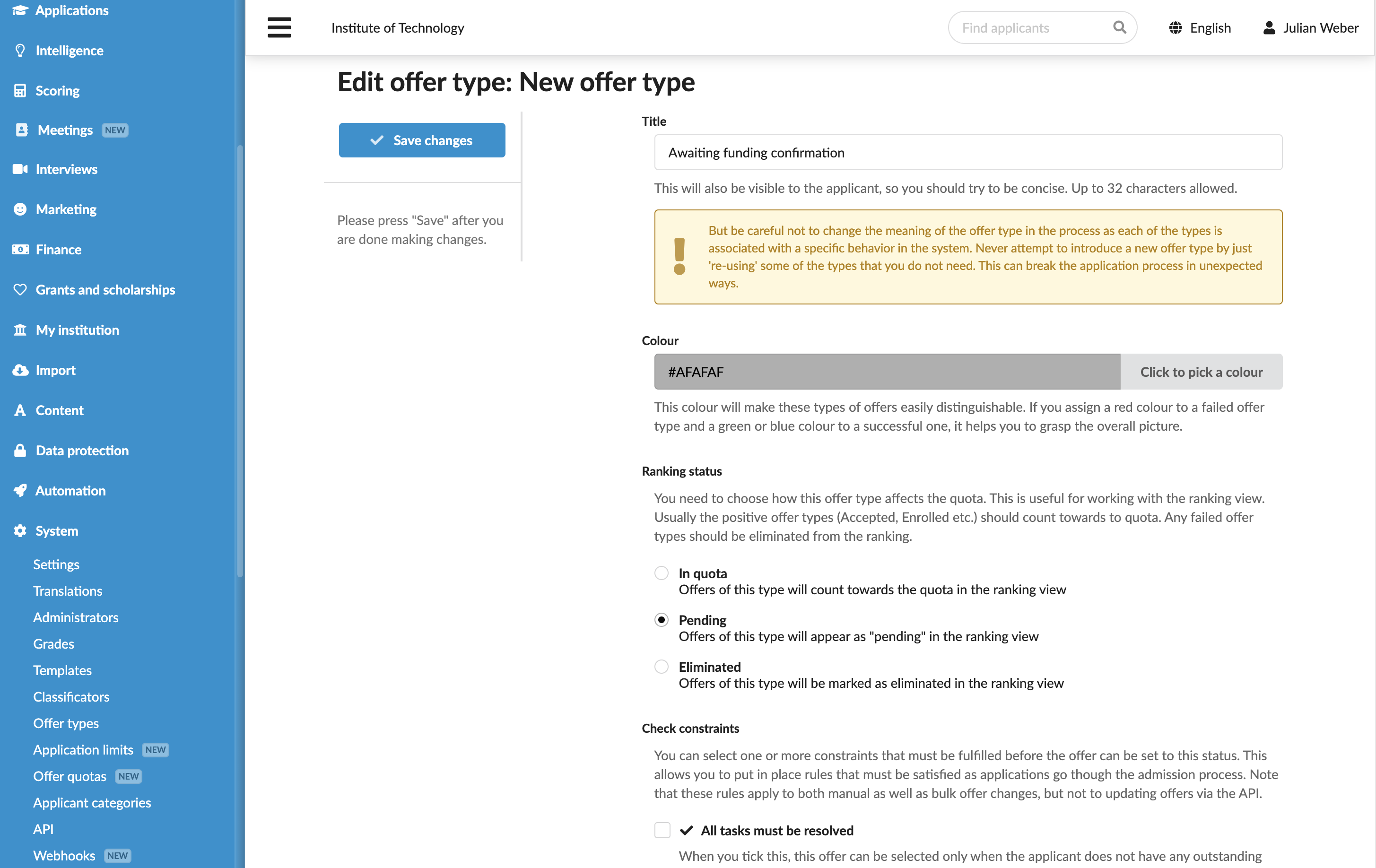 Setting up offer types