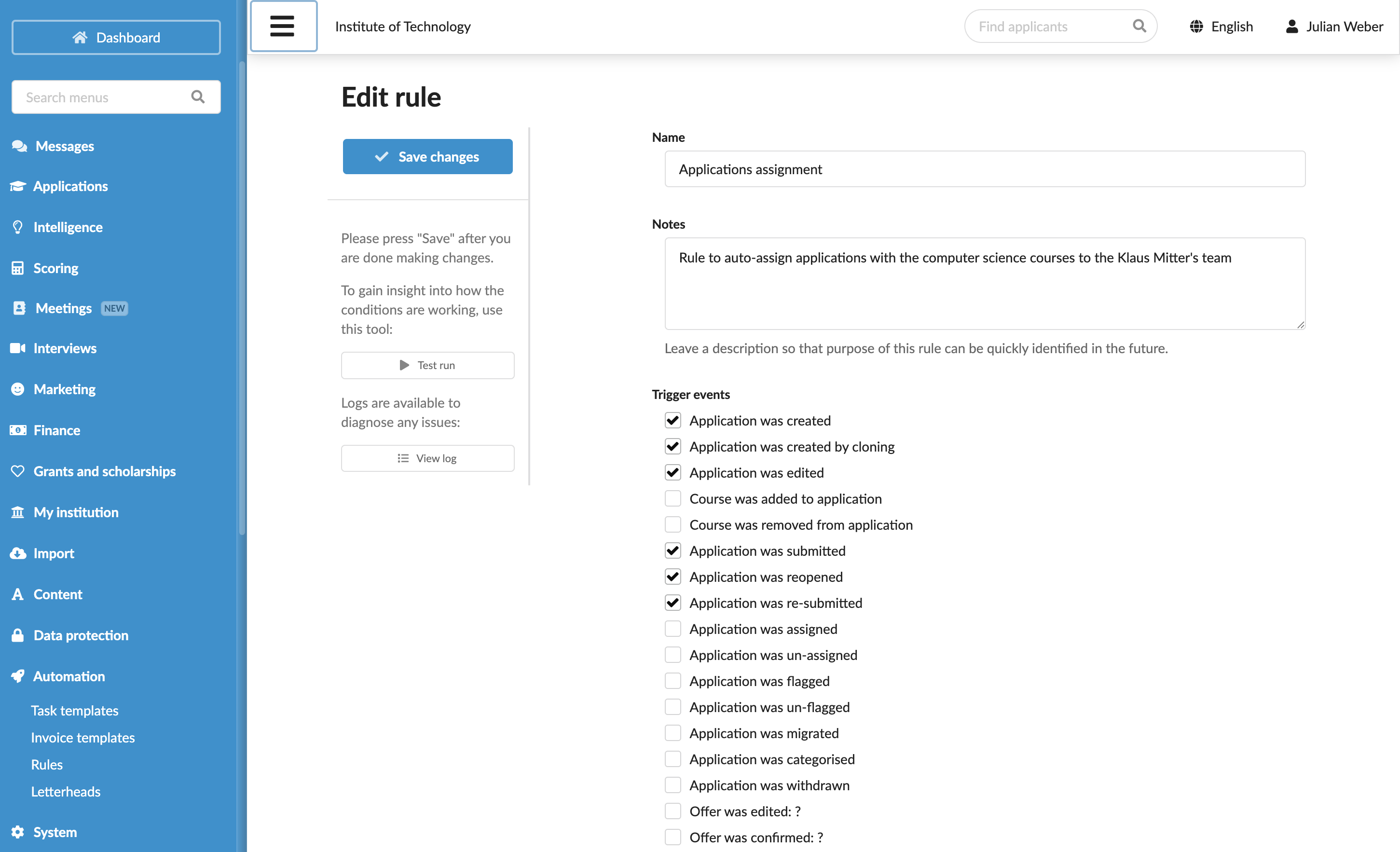 Configuring rules assign Administrators