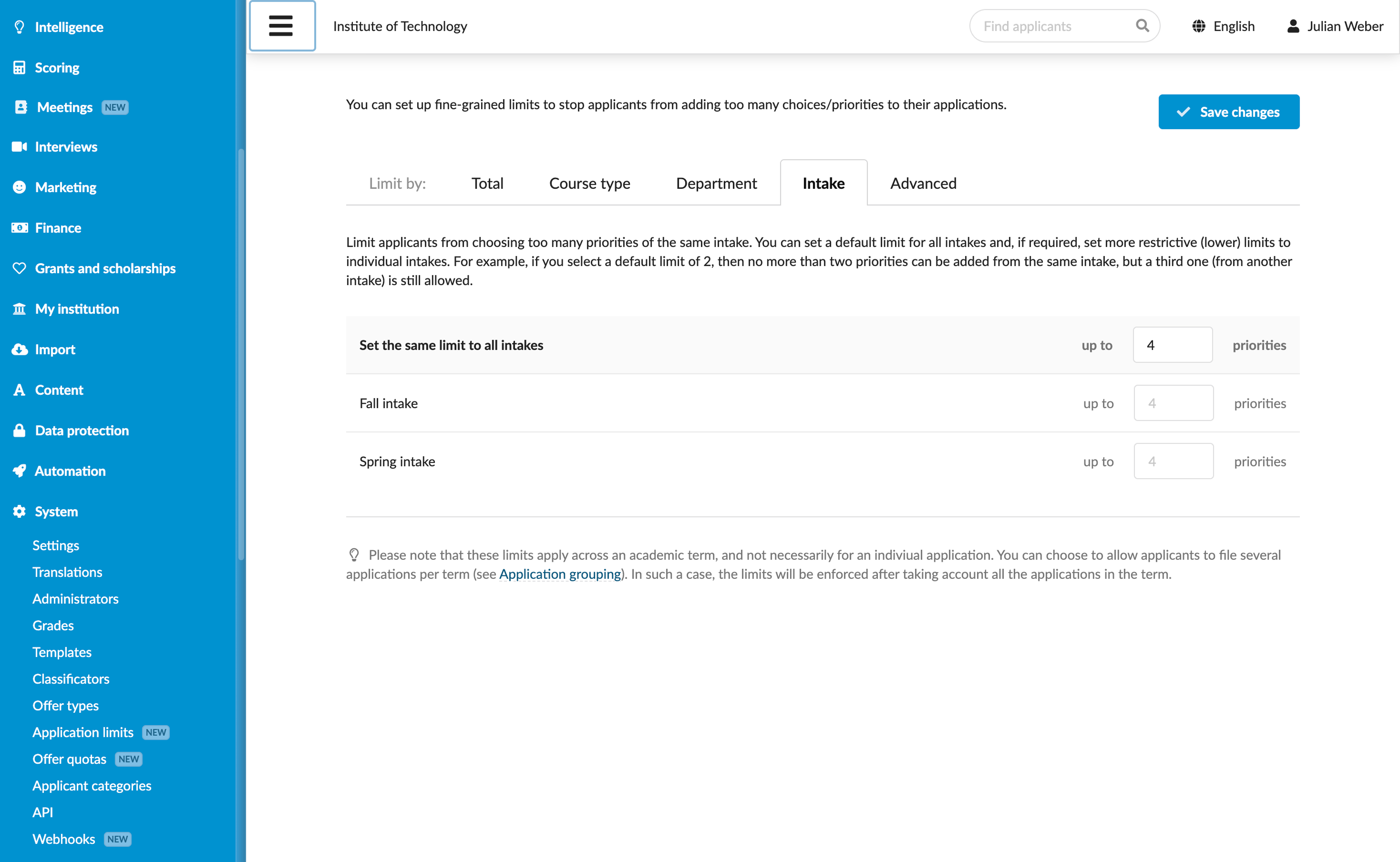 Setting application limits