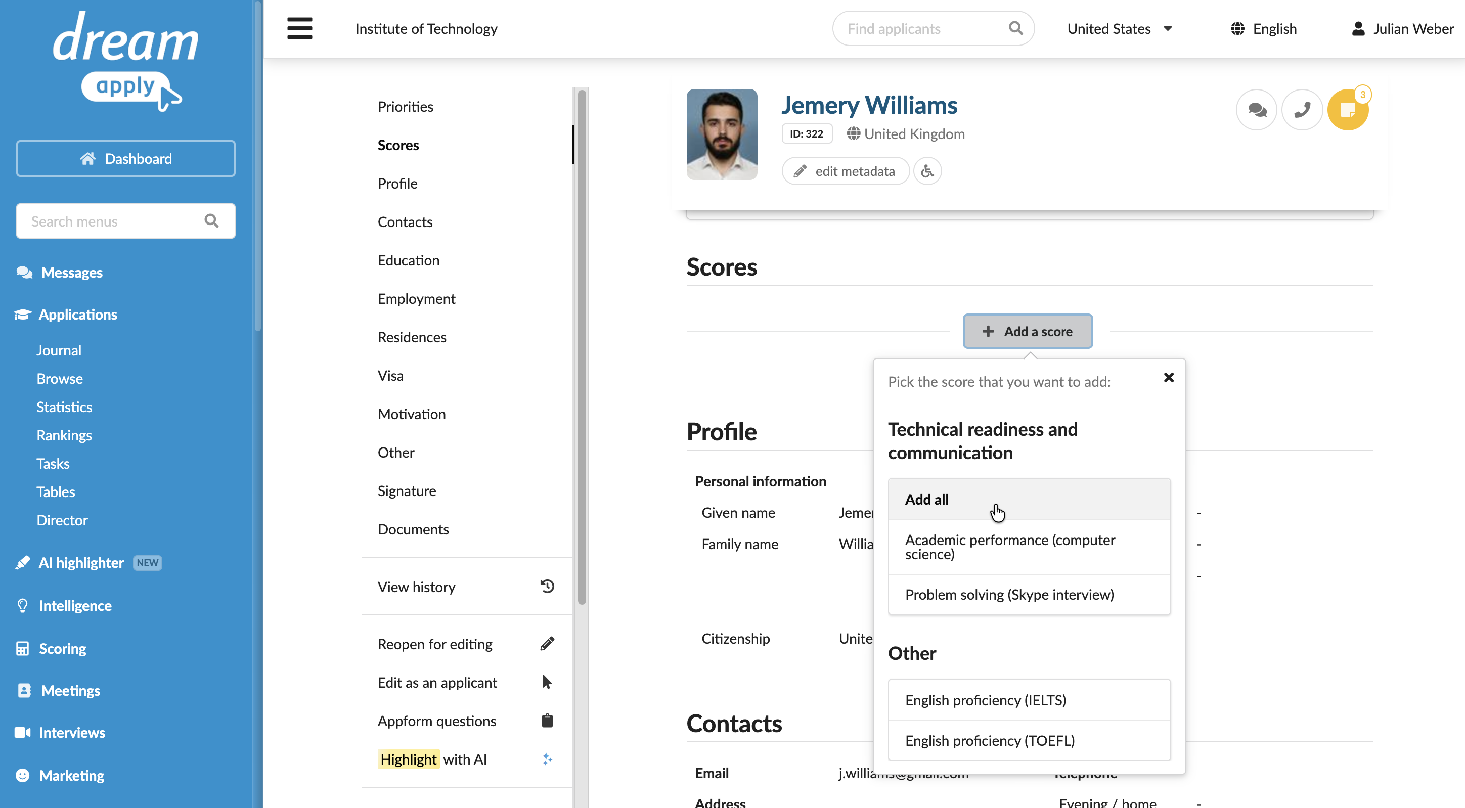 Adding applications to scoresheets (Administrator)