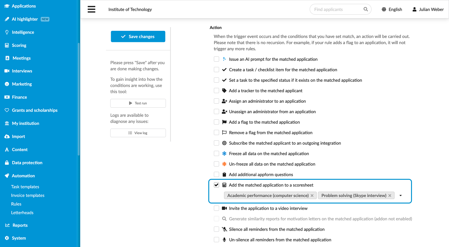 Configuring rules to link scoresheets and applications