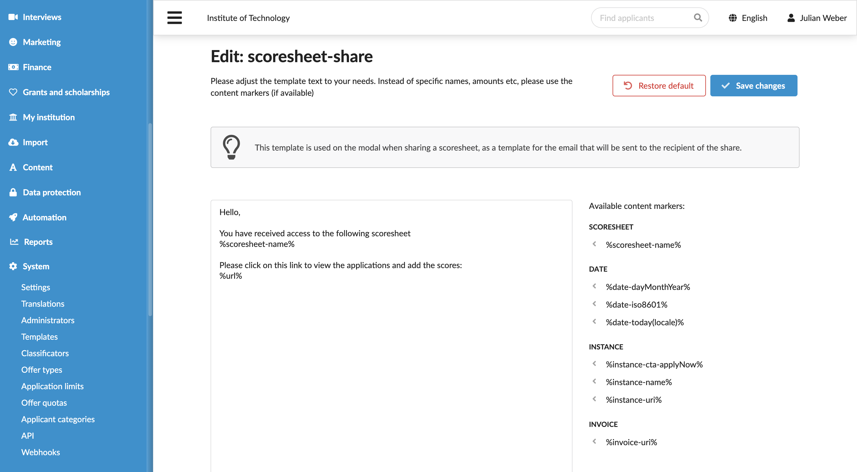 Editing sharing template
