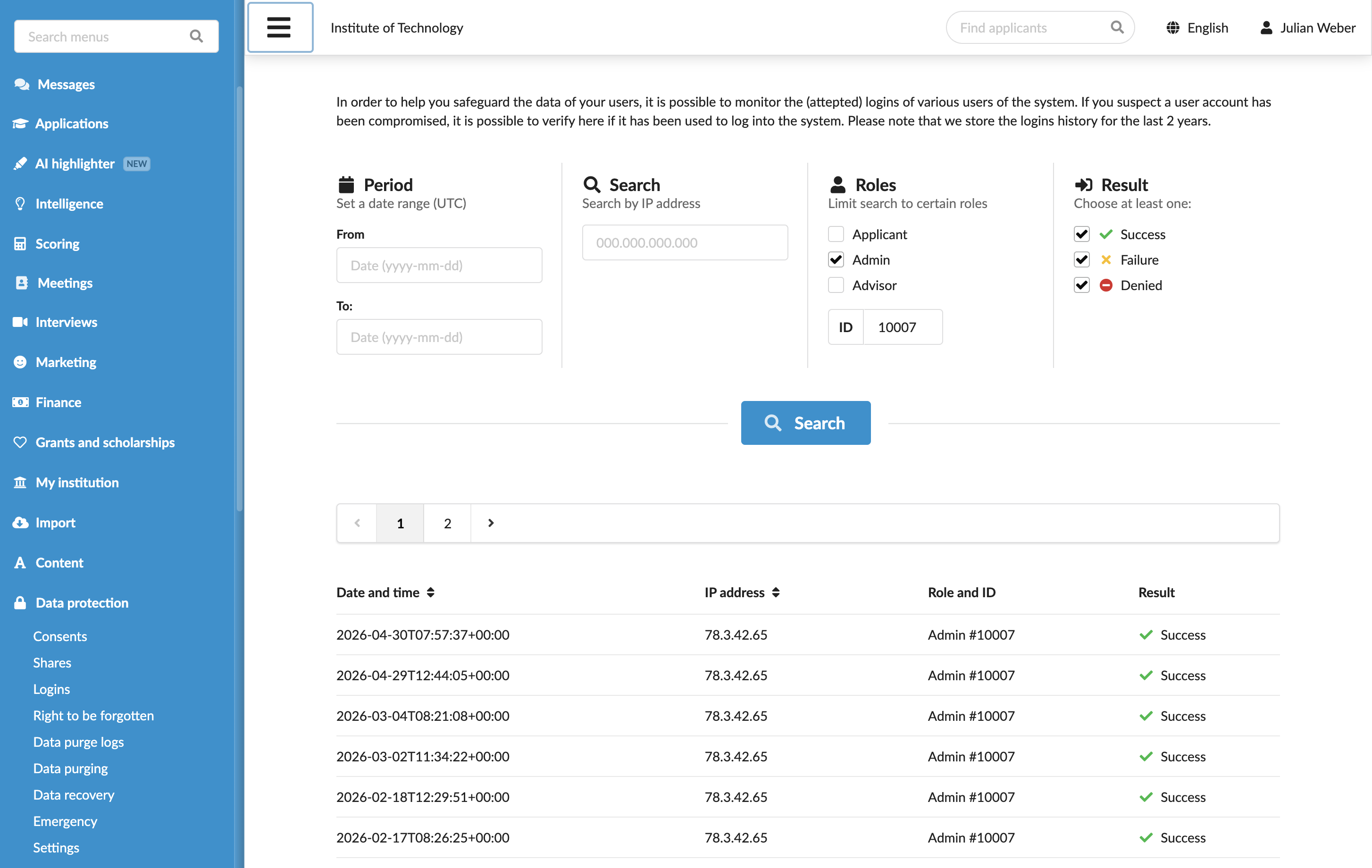 Viewing an Administrator login activities