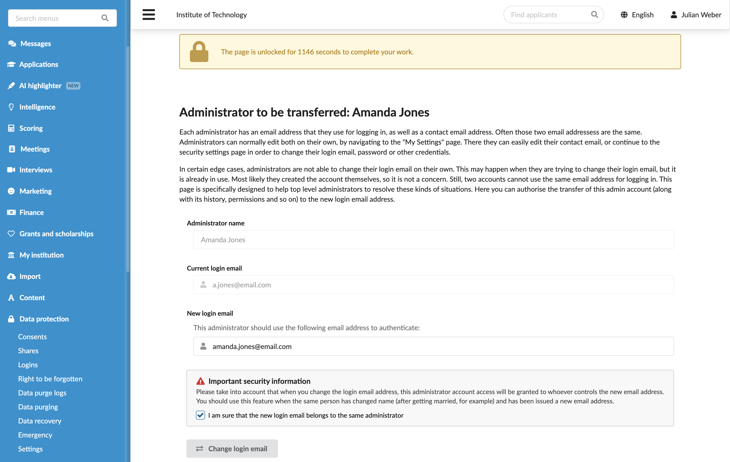 Transferring an applicant account