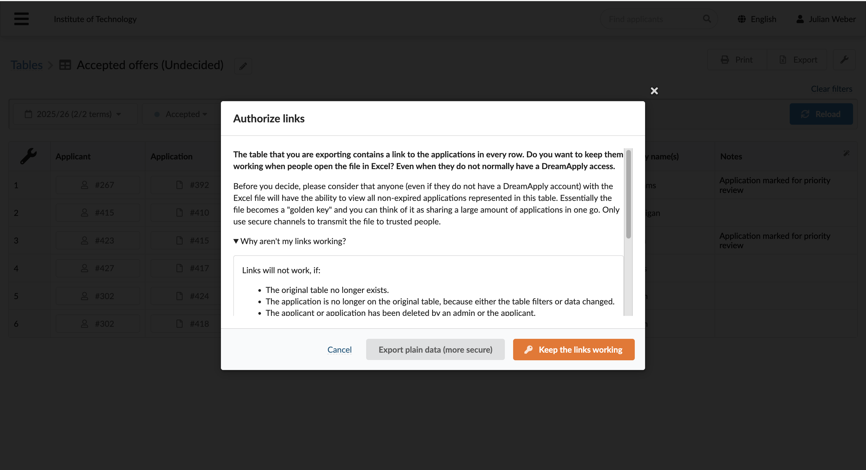 Exporting application IDs as links
