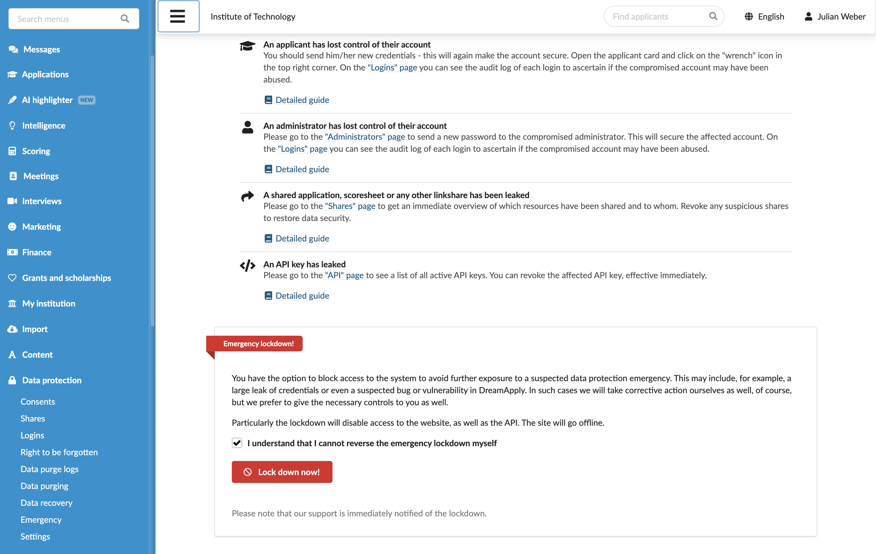 Locking a DreamApply instance down