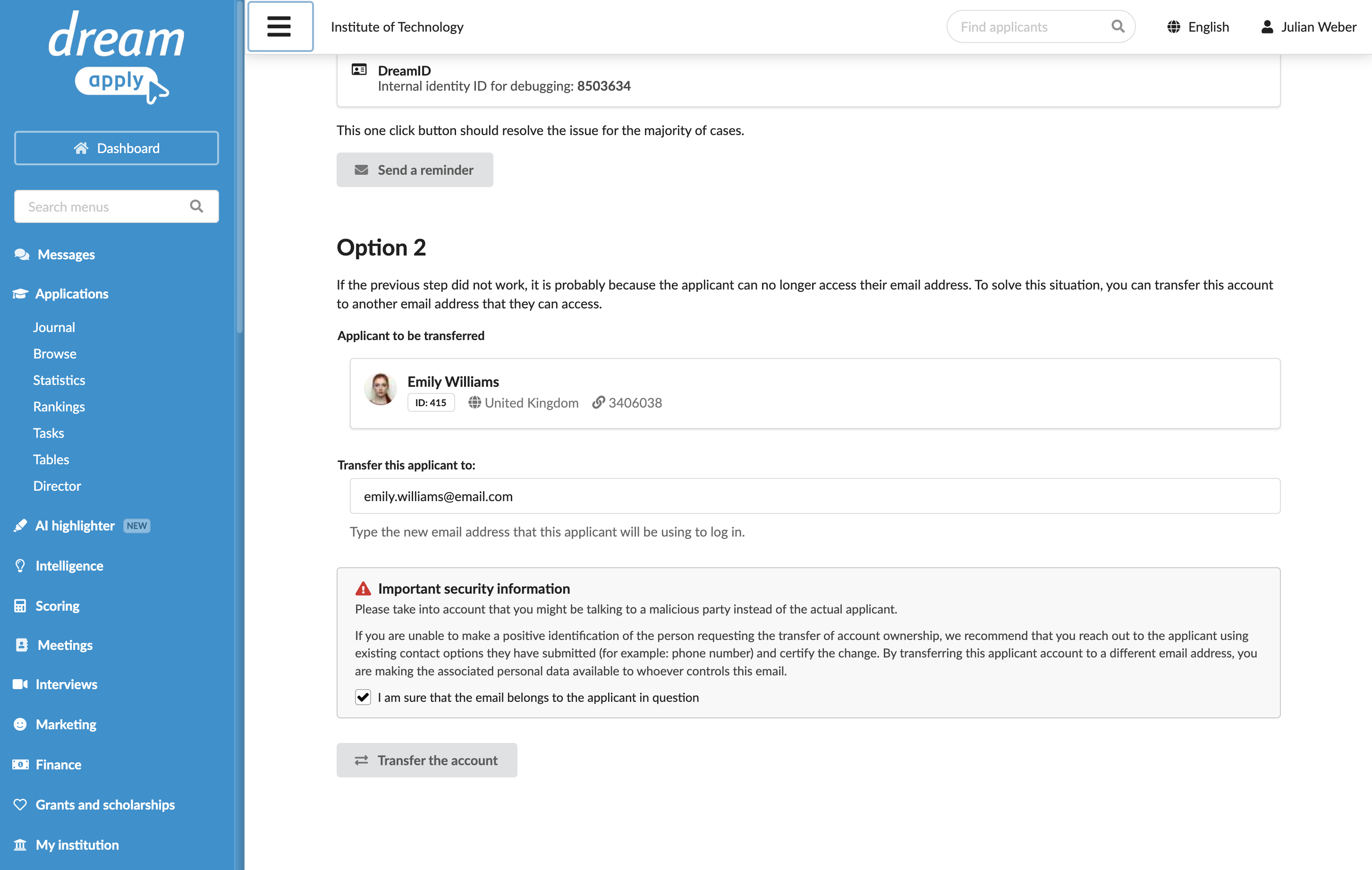 Transferring an applicant account