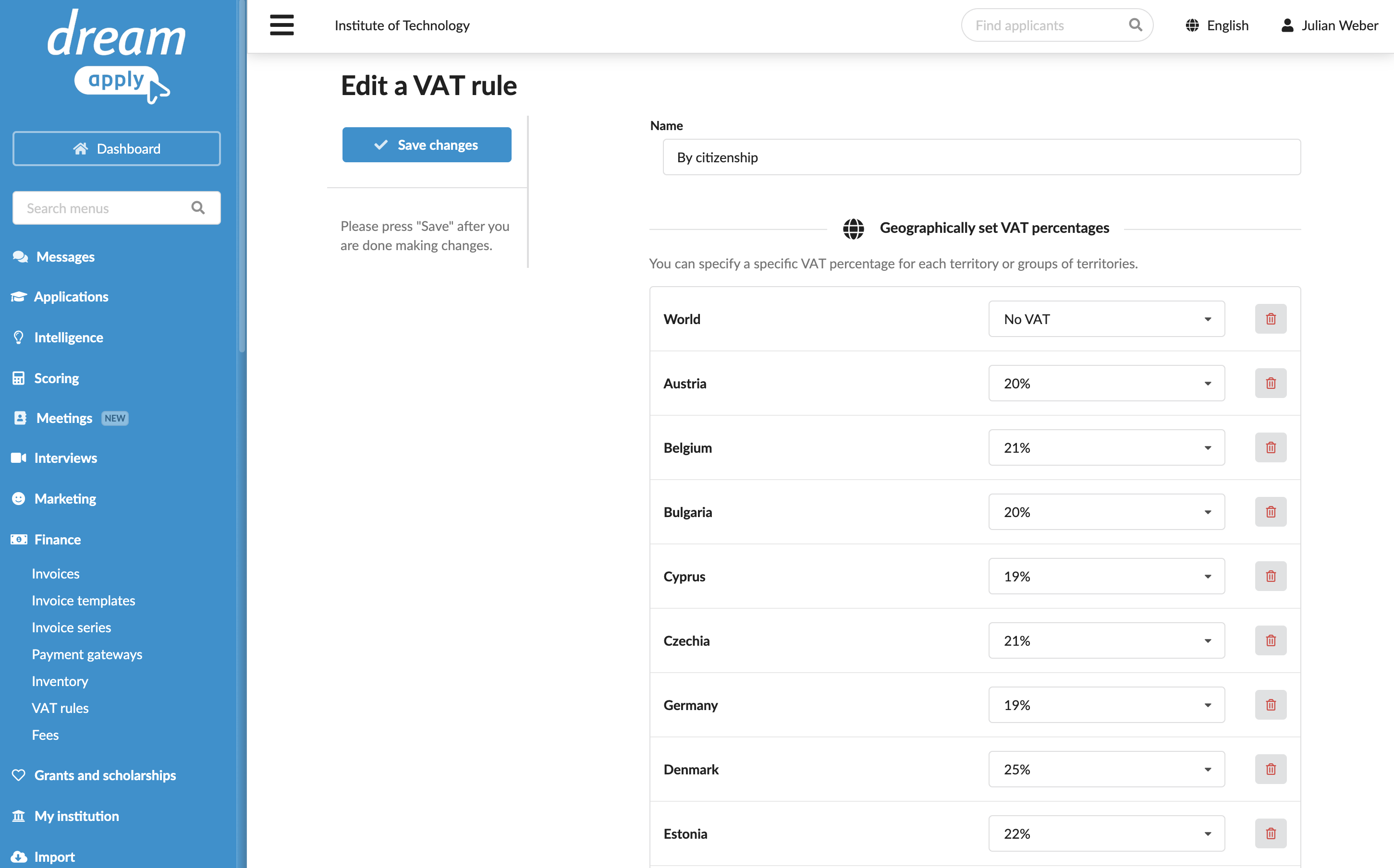 Setting up VAT rules