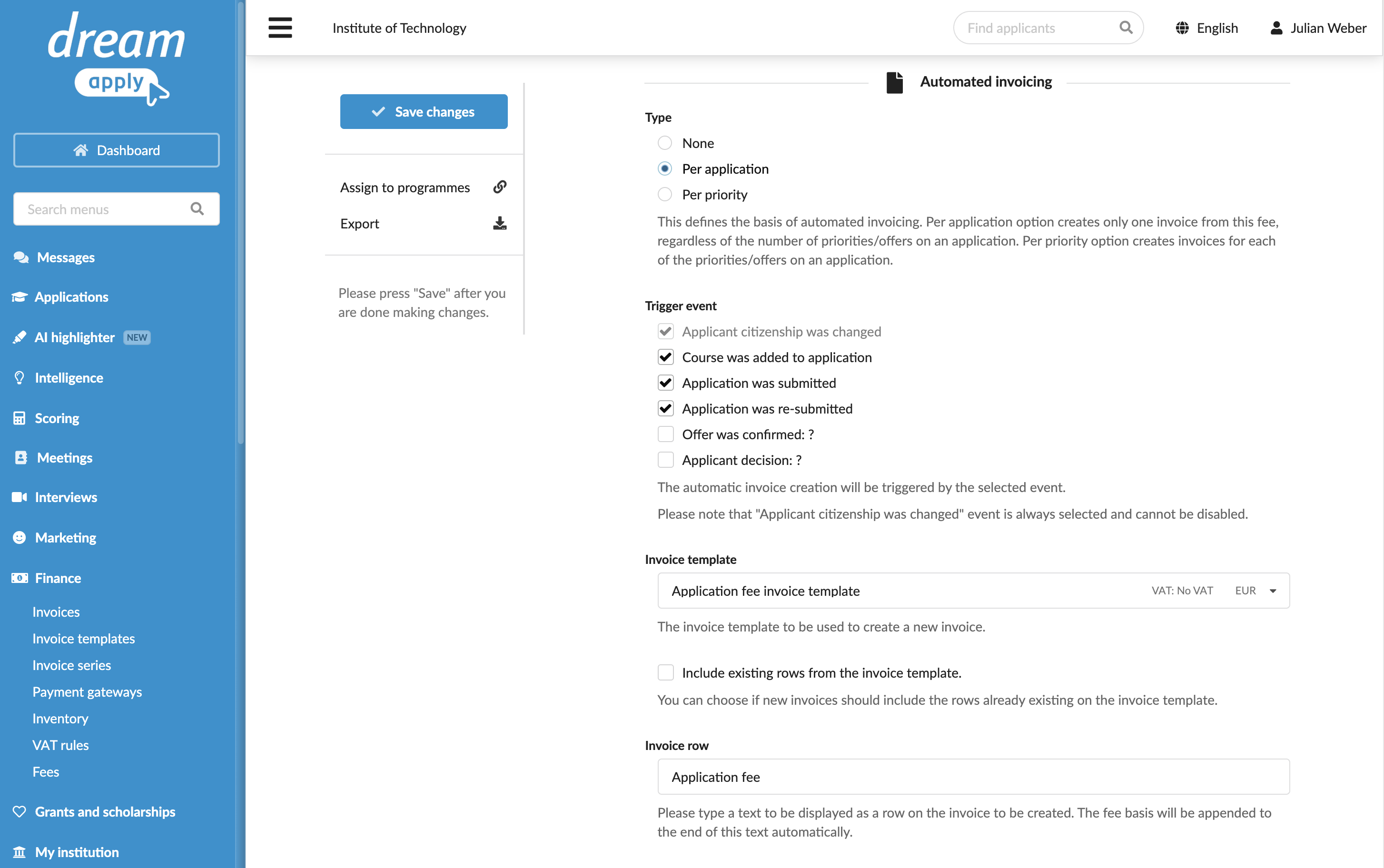 Automating invocing for fees