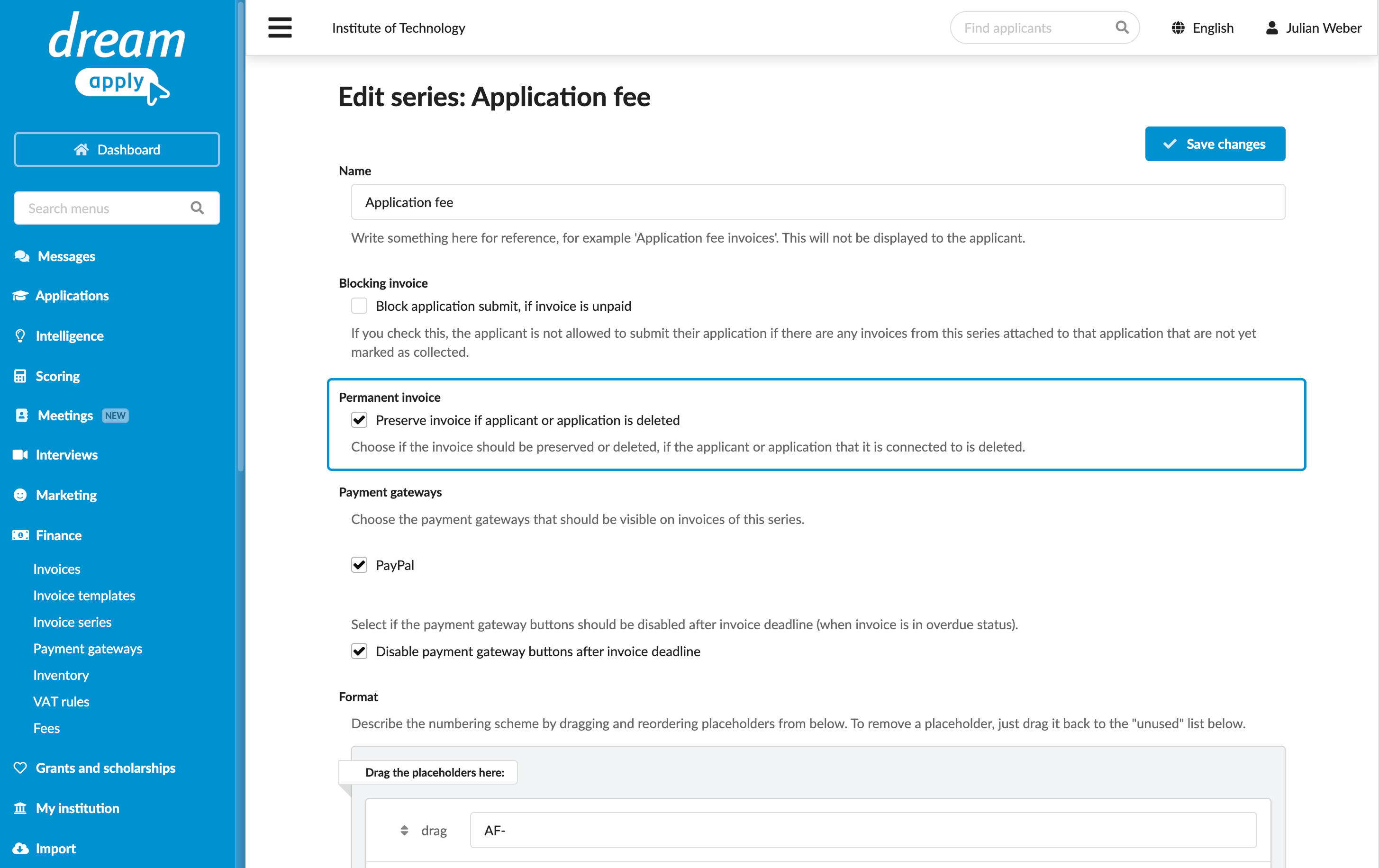 Preserving invoices for deleted applicants