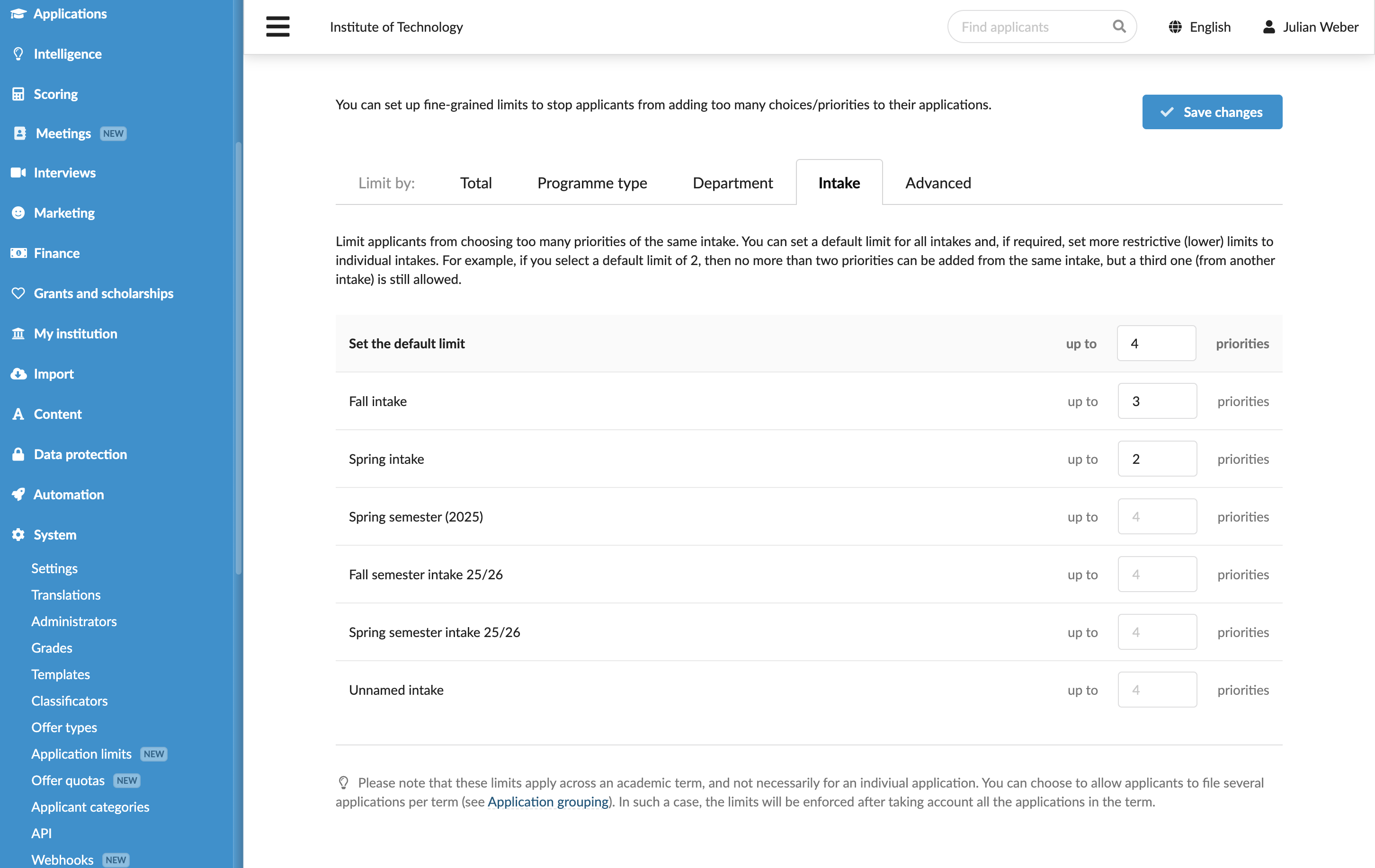 Application limits based on intakes