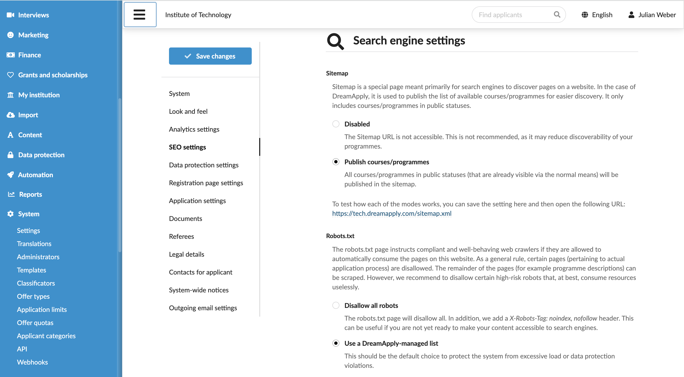 Defining the sitemap settings